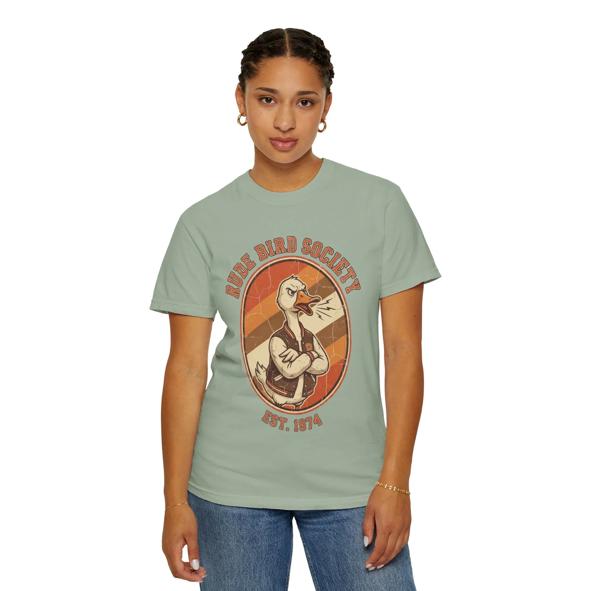 Dude Bird Society Goose T-Shirt | Retro Vintage Badge Est 1974 | Sunset Stripes Graphic | Garment-Dyed Heavyweight Unisex Bay