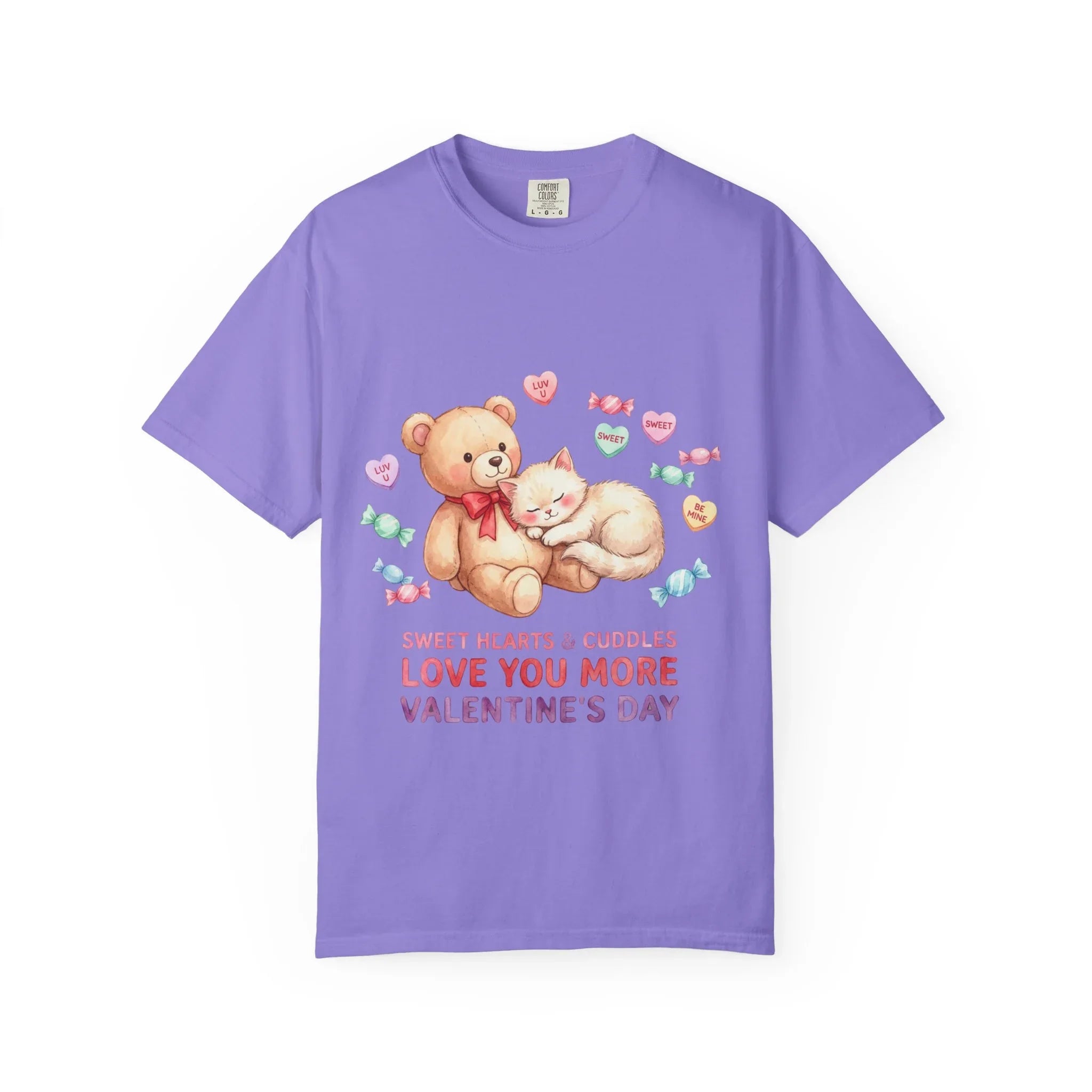 Cute Bear and Kitten Valentine T-shirt | Vintage Soft Love Tee | Couple Gift | Aesthetic Comfort Shirt | Retro Candy Heart Design Violet