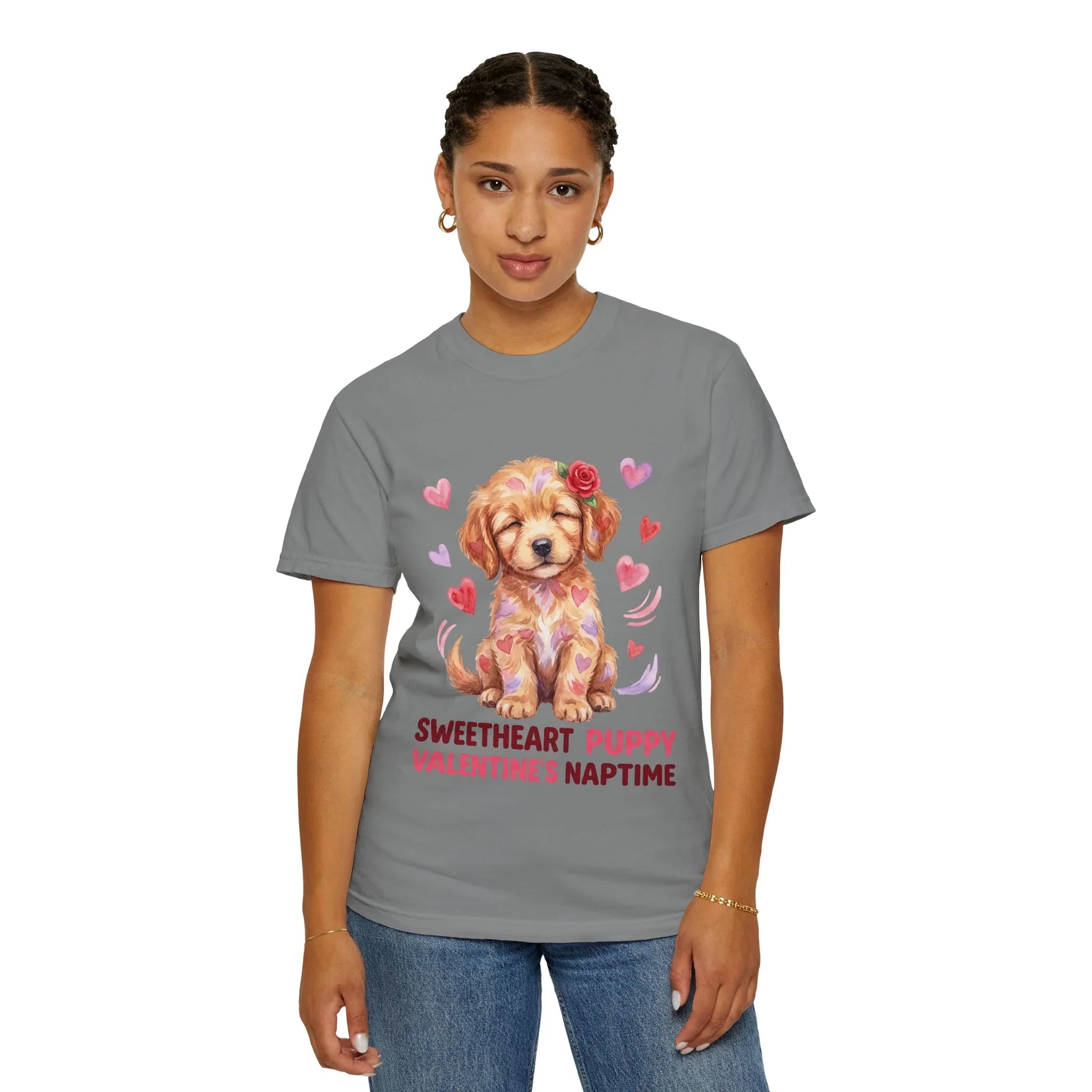 Sweetheart Puppy Valentines Naptime T Shirt Cute Watercolor Dog Art Cozy Vintage Aesthetic Gift for Dog Lovers Soft Cotton Retro Valentines