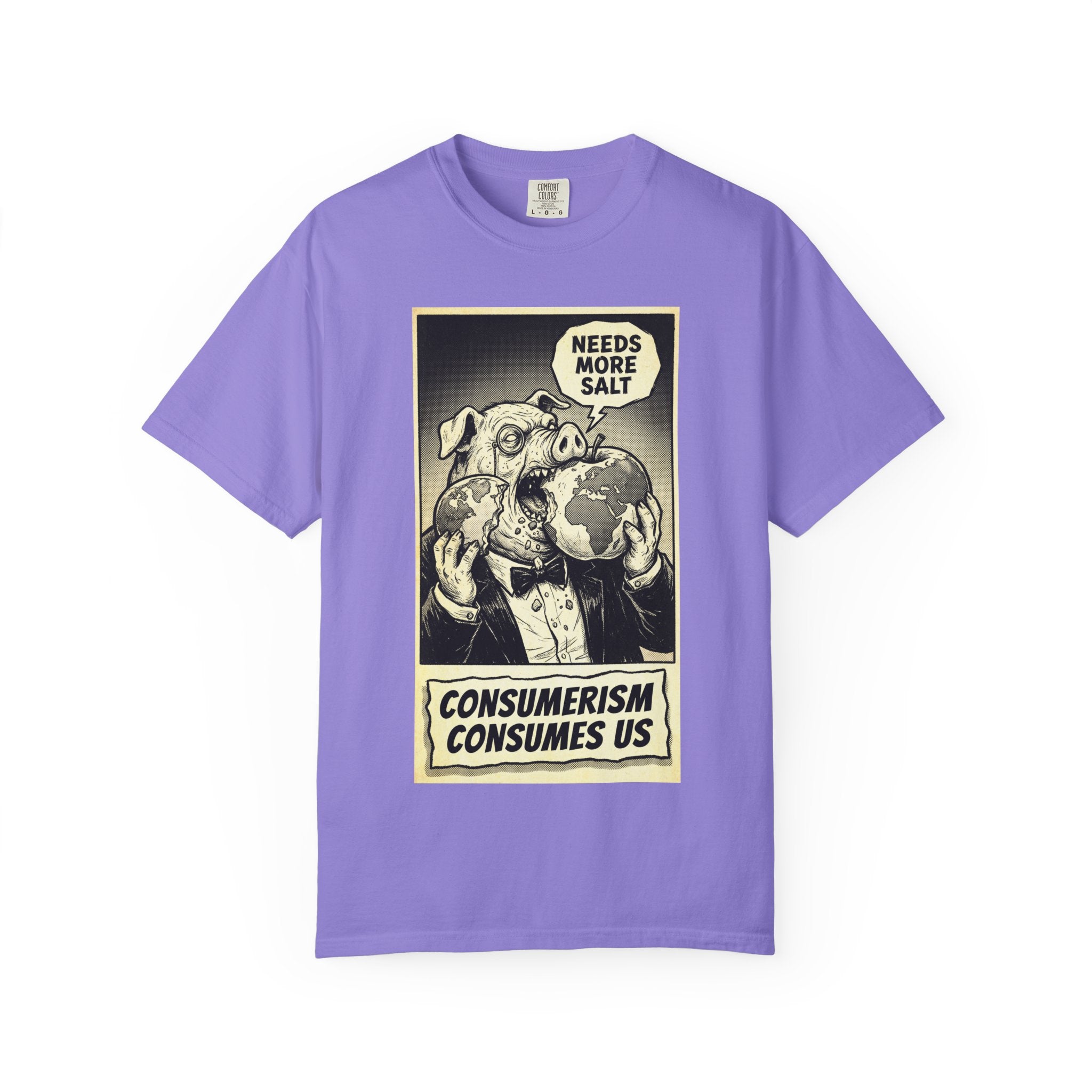 Consumerism Consumes Us T-Shirt | Vintage Satire Corporate Pig Graphic Tee | Anti-Capitalism Activist Apparel Violet