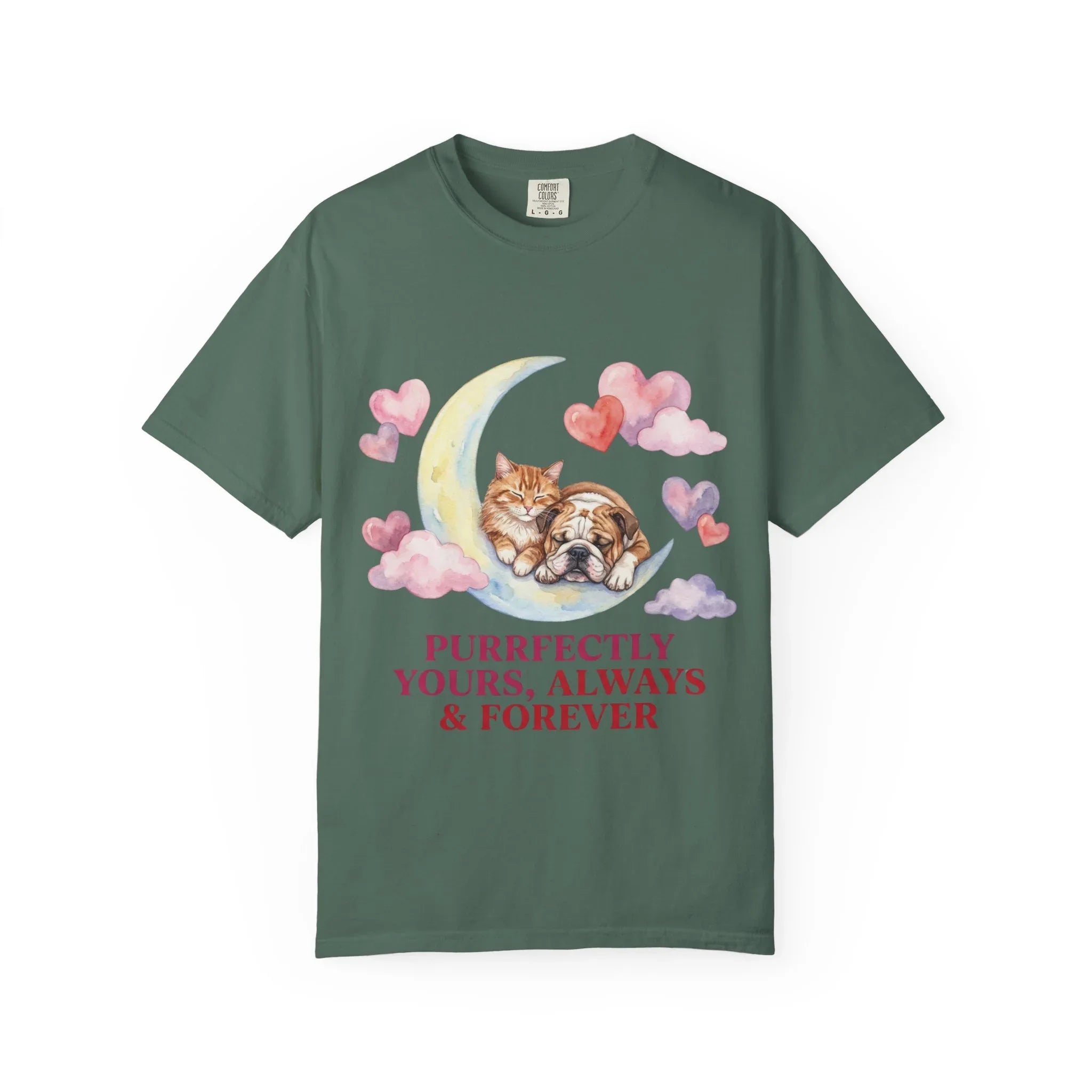 Purrfectly Yours Cat Dog Moon T Shirt Cute Pet Friends Hearts Watercolor Cozy Vintage Aesthetic Gift Pet Lovers Soft Cotton Romantic Tee Blue Spruce