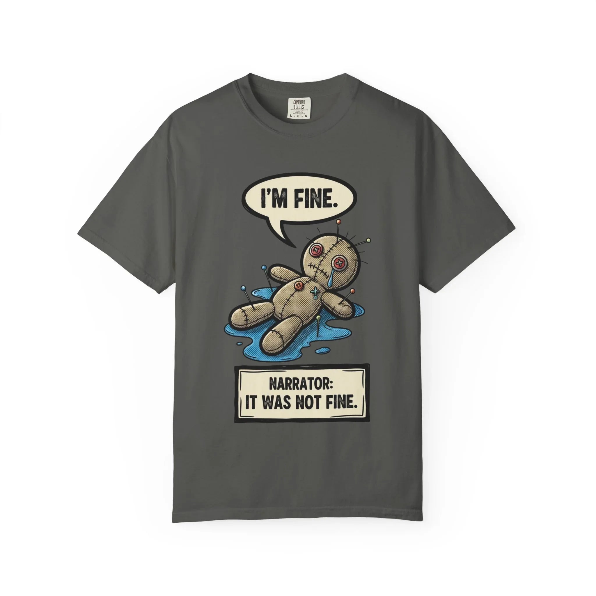 Funny Voodoo Doll "I'm Fine" Shirt - Sarcastic Mental Health Graphic Tee - Retro Comic Dark Humor T-Shirt - Vintage Garment-Dyed Relatable Mood Shirt - Edgy Aesthetic Streetwear Pepper