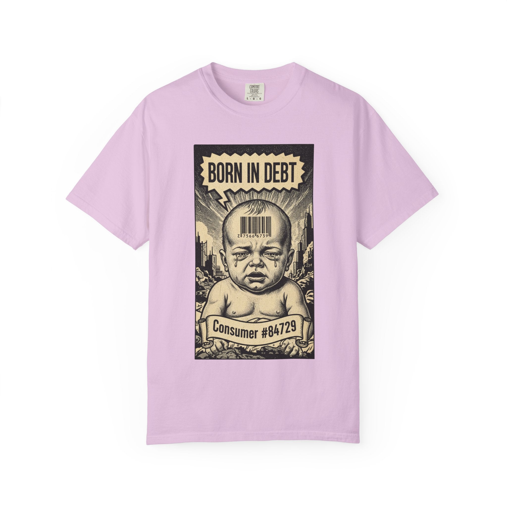Born in Debt Shirt - Consumer Culture Satire T-Shirt - Financial Debt Awareness Tee - Vintage Comic Graphic - Sarcastic Social Commentary Gift Orchid