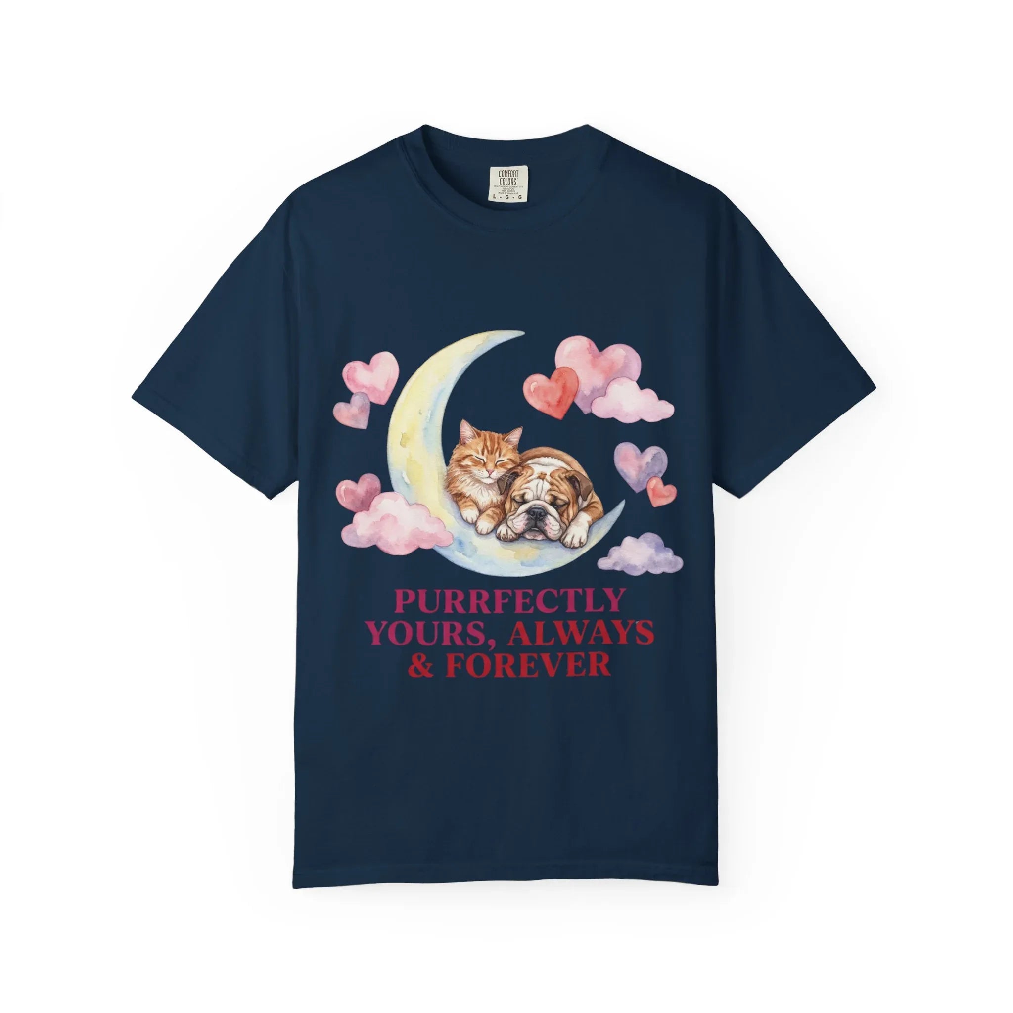 Purrfectly Yours Cat Dog Moon T Shirt Cute Pet Friends Hearts Watercolor Cozy Vintage Aesthetic Gift Pet Lovers Soft Cotton Romantic Tee True Navy