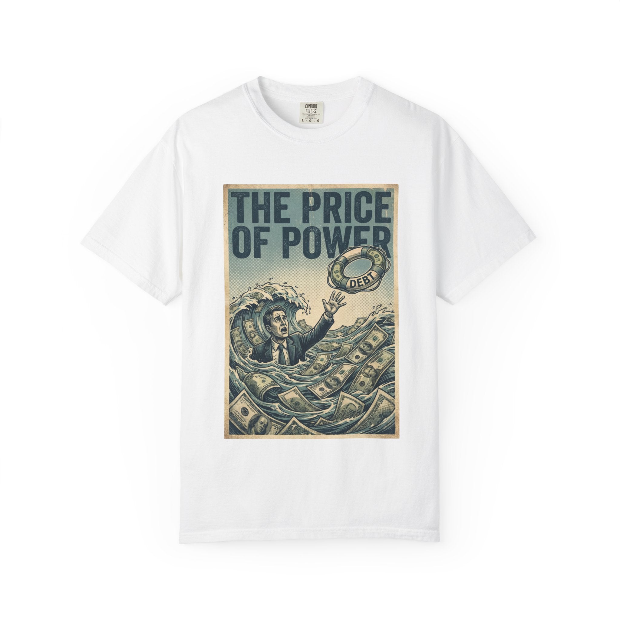 Vintage Dystopian Debt Shirt, Retro All-Seeing Eye Tee, Corporate Tech Overload Graphic, Dark Academia Aesthetic, Gift for Economists & Techies, Philosophy Satire Unisex T-Shirt White