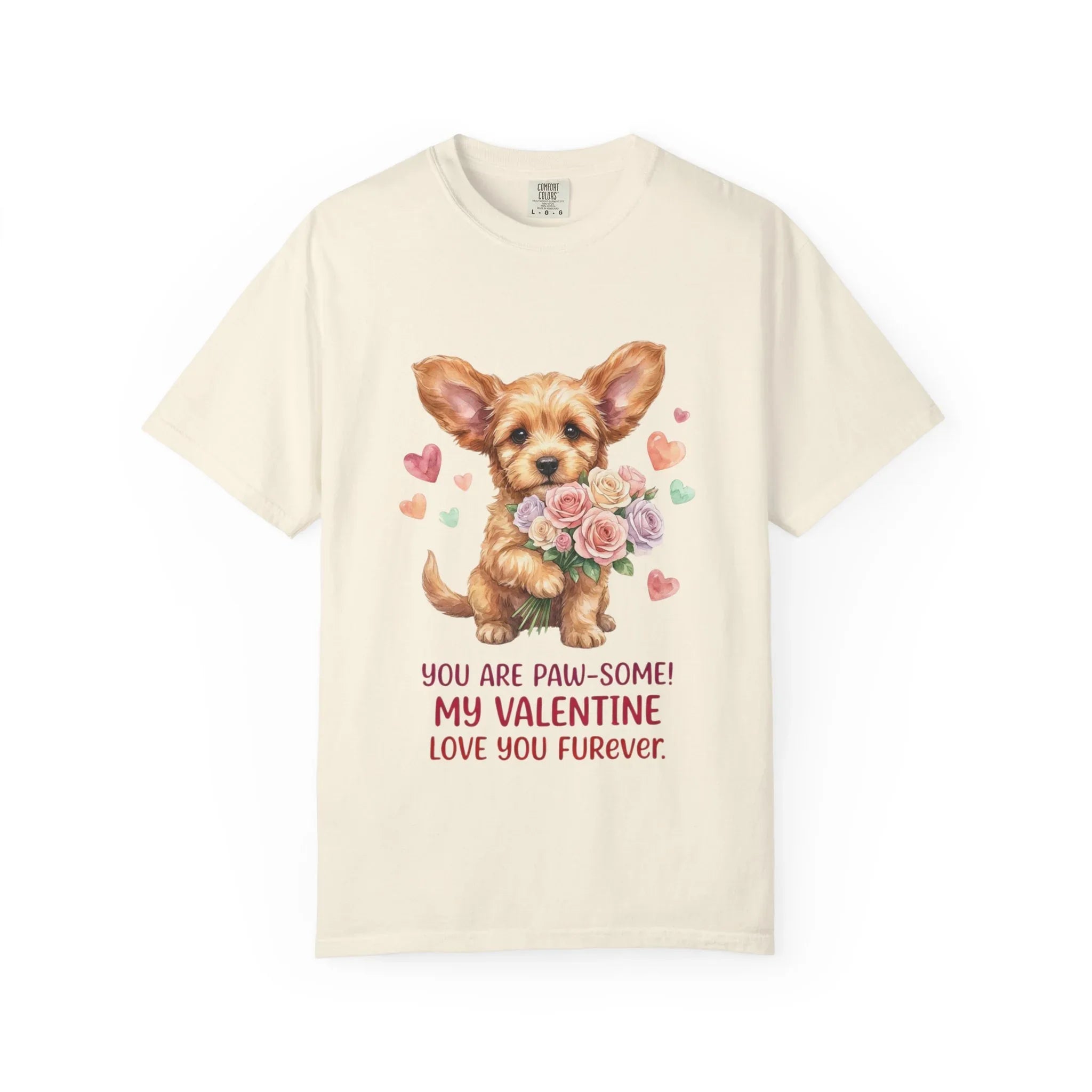 Cute Puppy Holding Roses Valentine T Shirt Paw-some Love You Furever Watercolor Cozy Vintage Aesthetic Gift Dog Lovers Soft Cotton Romantic Ivory