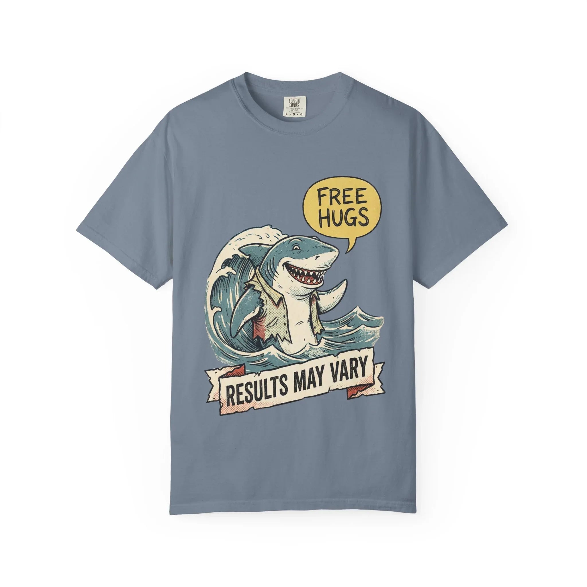 Vintage Shark Shirt - Funny "Free Hugs" T-Shirt - Dark Humor Gift - Retro Graphic Tee - Sarcastic Ocean Lover Top - Grunge Style Animal Apparel Blue Jean