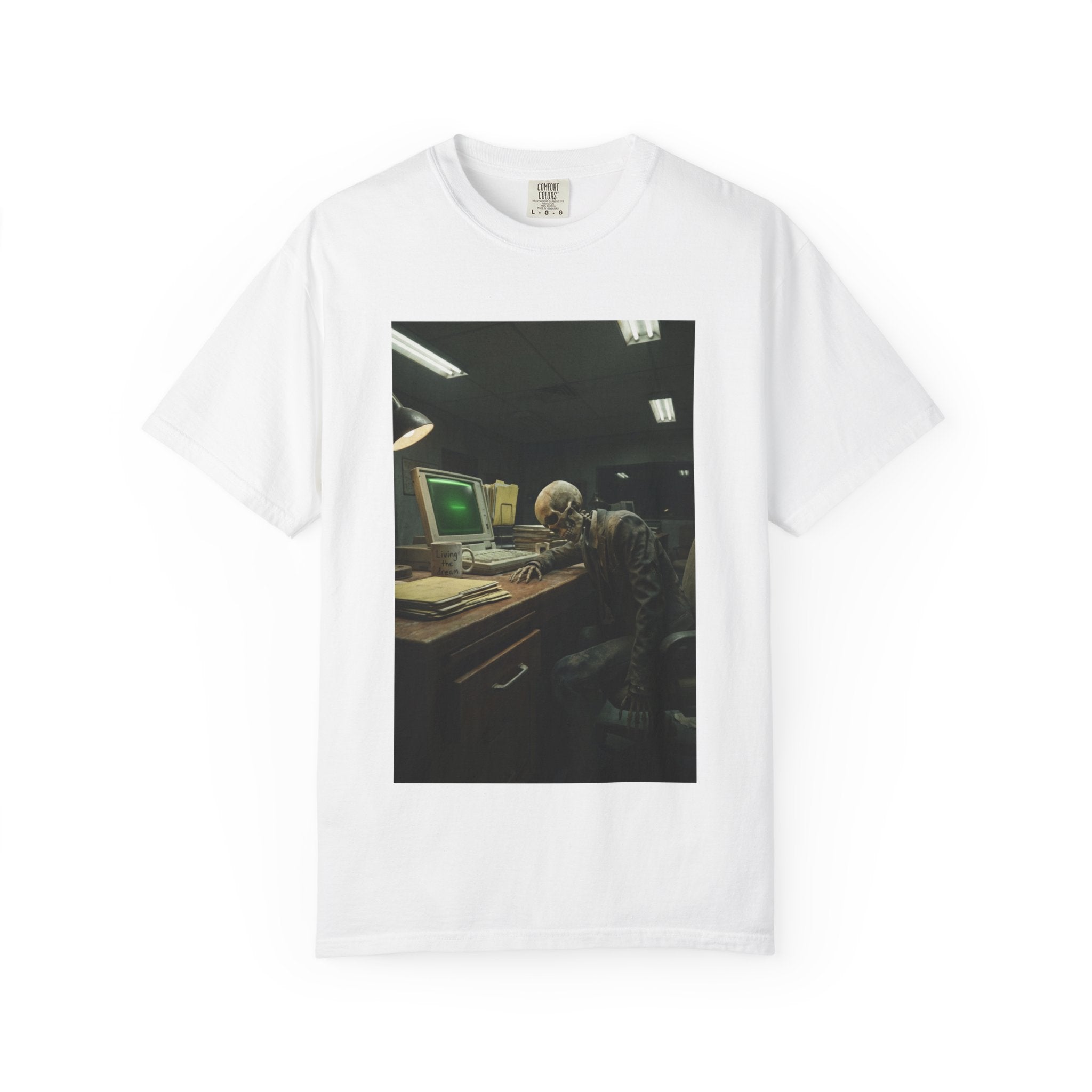 Living The Dream Skeleton T-Shirt - Funny Corporate Burnout Shirt - Vintage Aesthetic Dark Humor Office Tee - Sarcastic Work Gift White