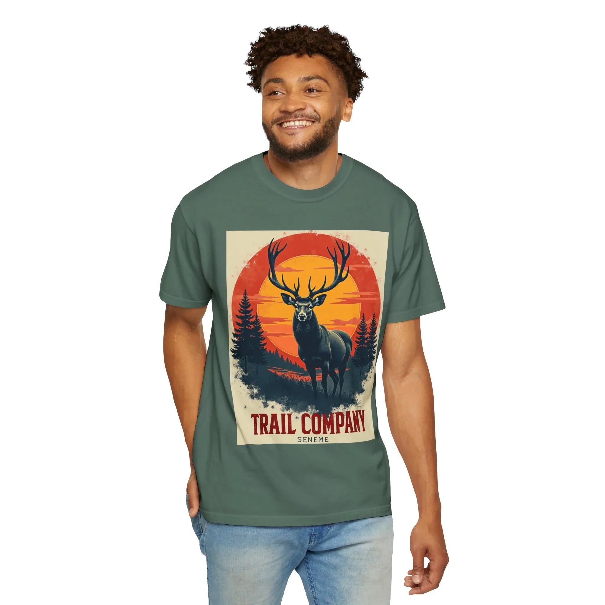 Stag Sunset Trail Company Shirt, Vintage Elk Deer Tee, Retro Sunset Forest T-Shirt, Hiking Camping Cabin Outdoors Gift Blue Spruce