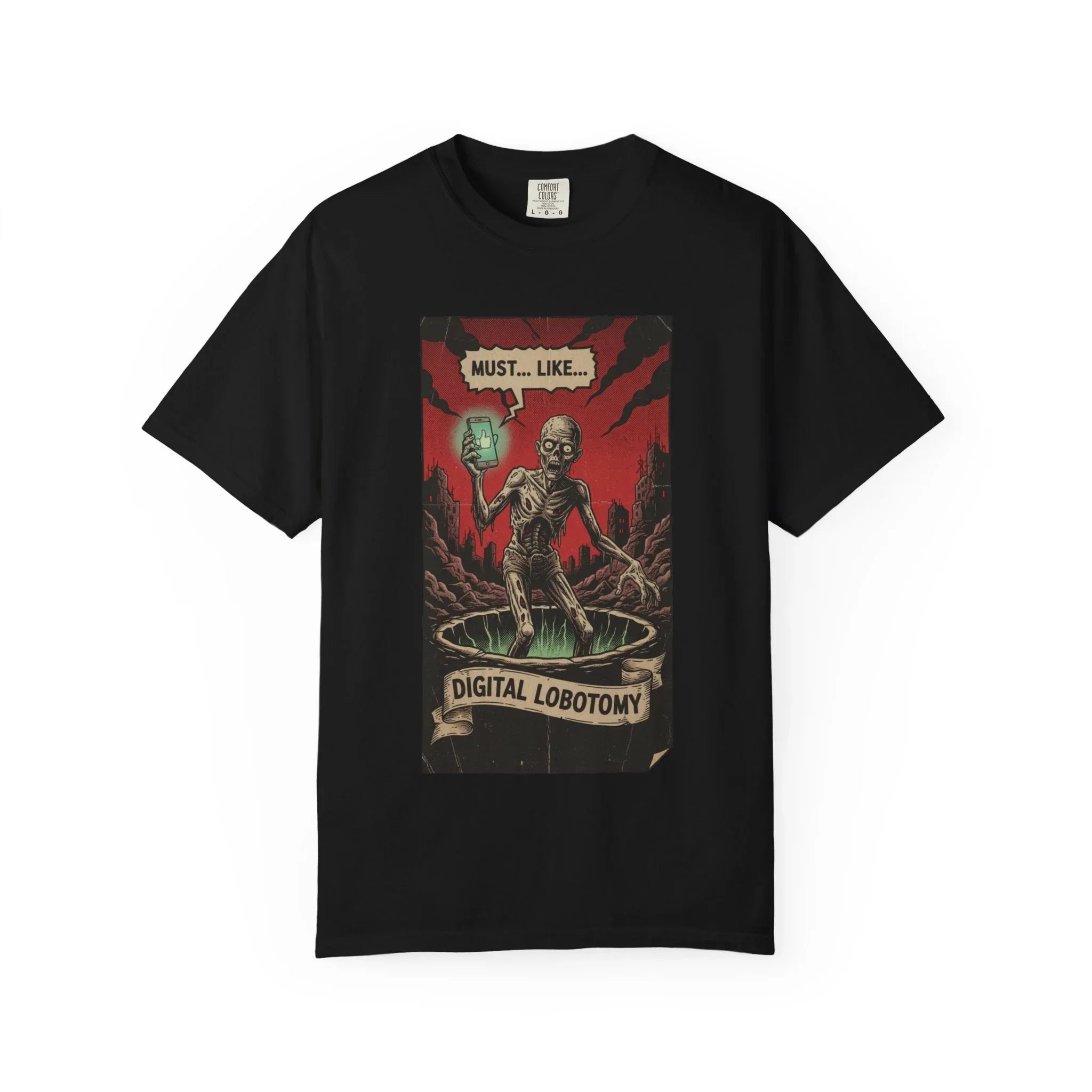 Digital Lobotomy Shirt - Vintage Horror Zombie T-Shirt - Social Media Satire Tee - Retro Comic Style Graphic Shirt - Smartphone Addict Dark Humor Gift - Tech Skeptic Streetwear Black