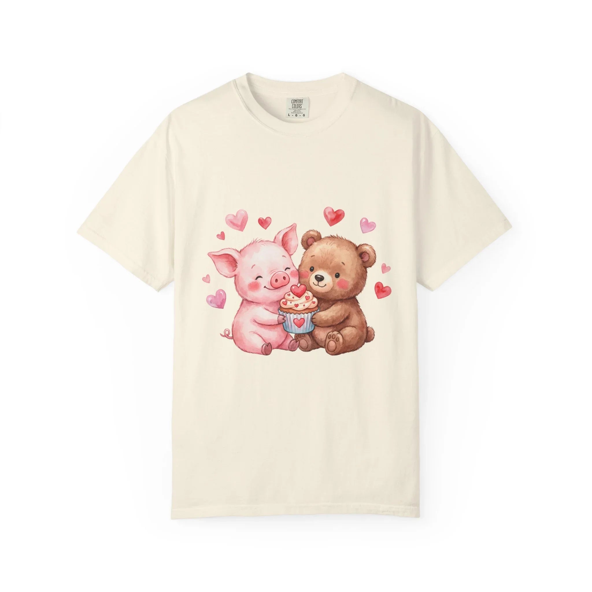 Cute Pig Bear Heart Cup Valentine T Shirt Watercolor Cozy Vintage Aesthetic Gift Animal Lovers Soft Cotton Romantic Tee Ivory