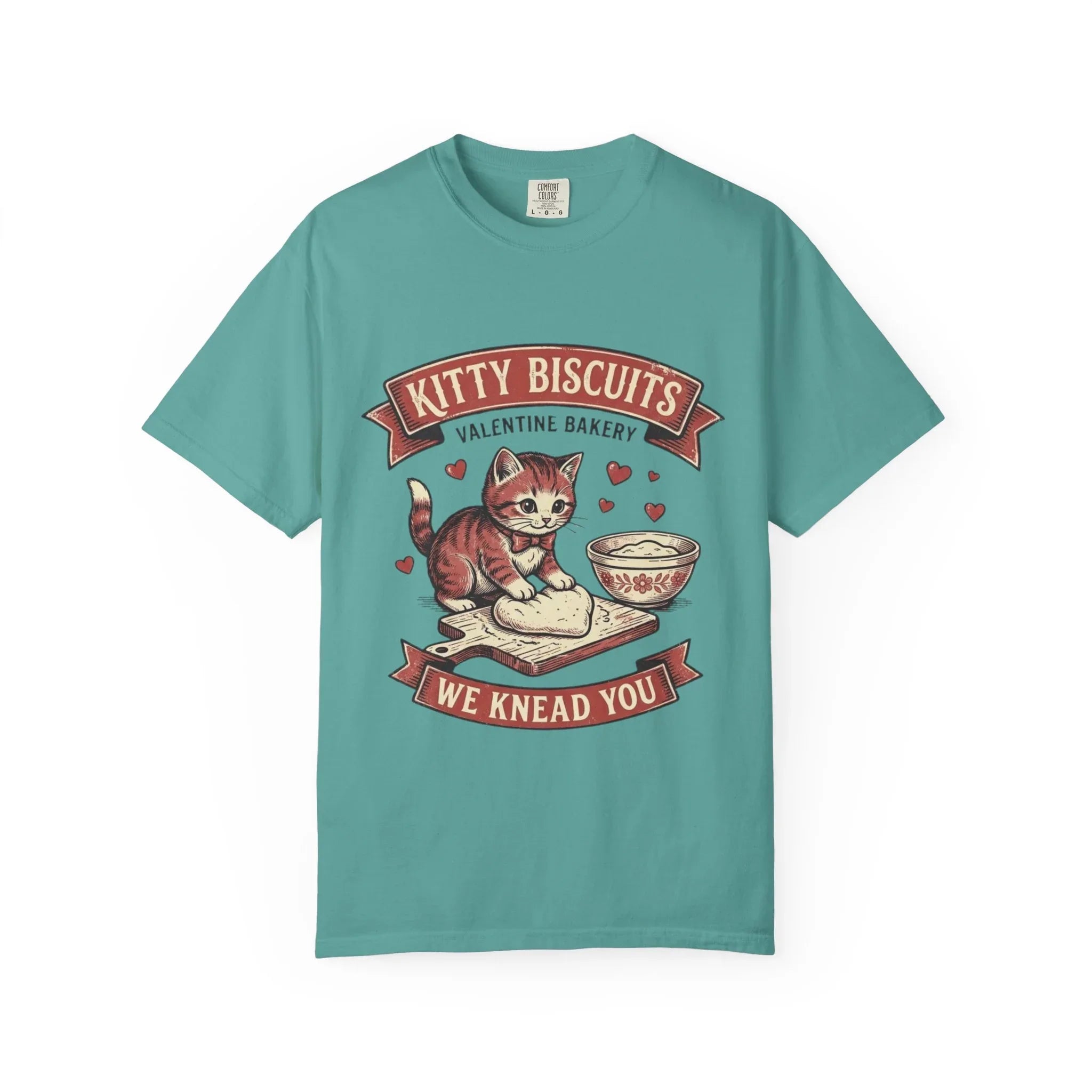 Kitty Biscuits T-Shirt | Valentine Bakery Cat We Knead You Graphic Tee Seafoam