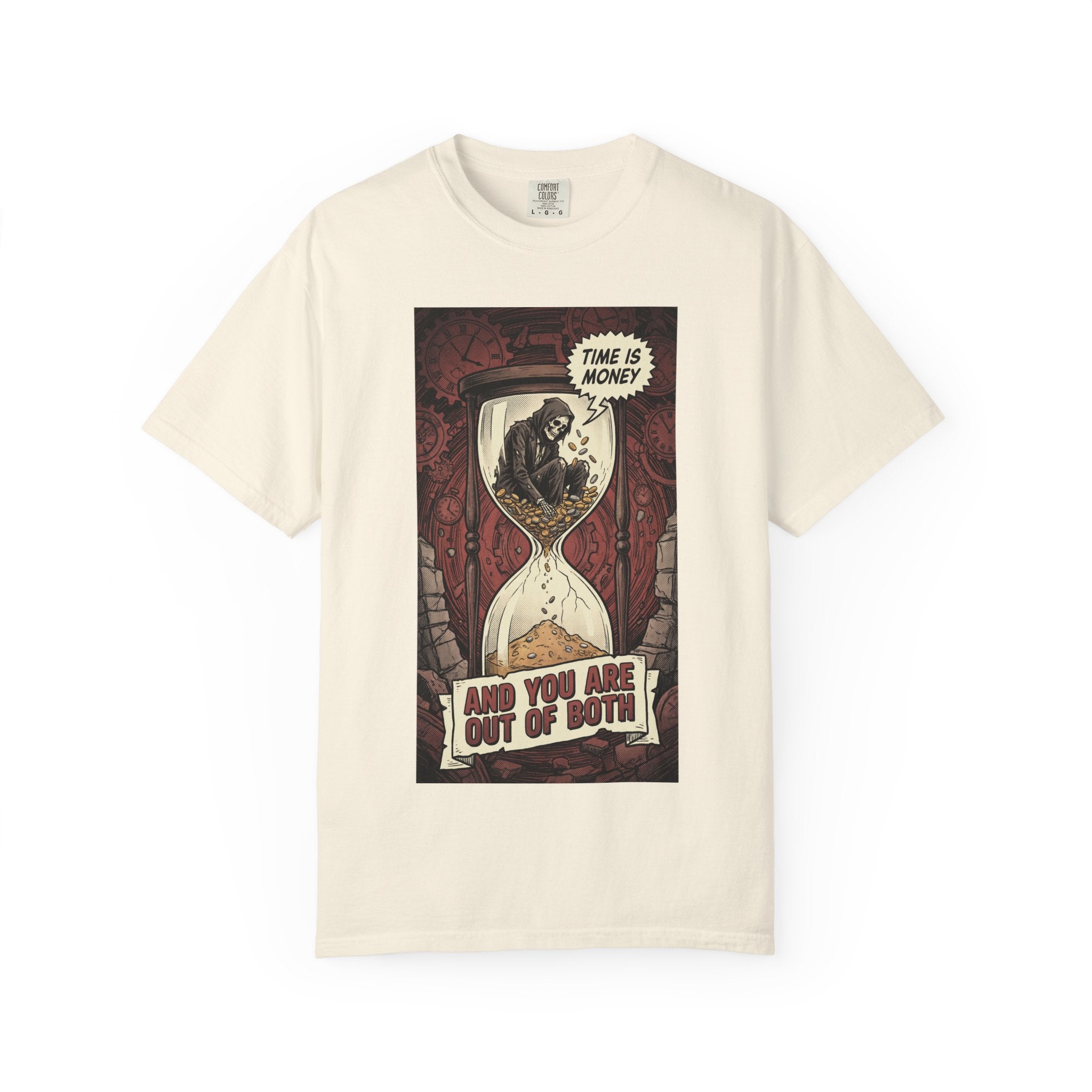 Time Is Money Shirt, Out of Both Grim Reaper Tee, Sarcastic Financial Satire Shirt, Vintage Grunge Hourglass Apparel, Dark Humor Philosophy Gift Ivory