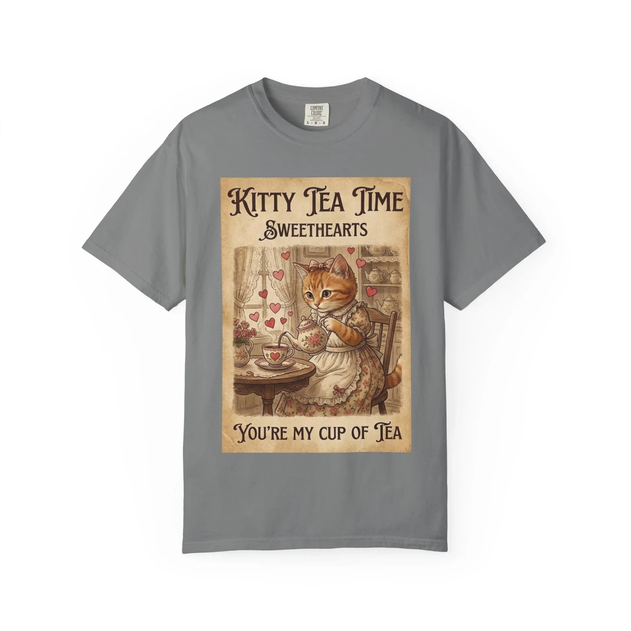 Kitty Tea Time T-Shirt | Vintage Cat Youre My Cup of Tea Graphic Tee | Retro Cozy Cat Lover Gift Shirt Grey