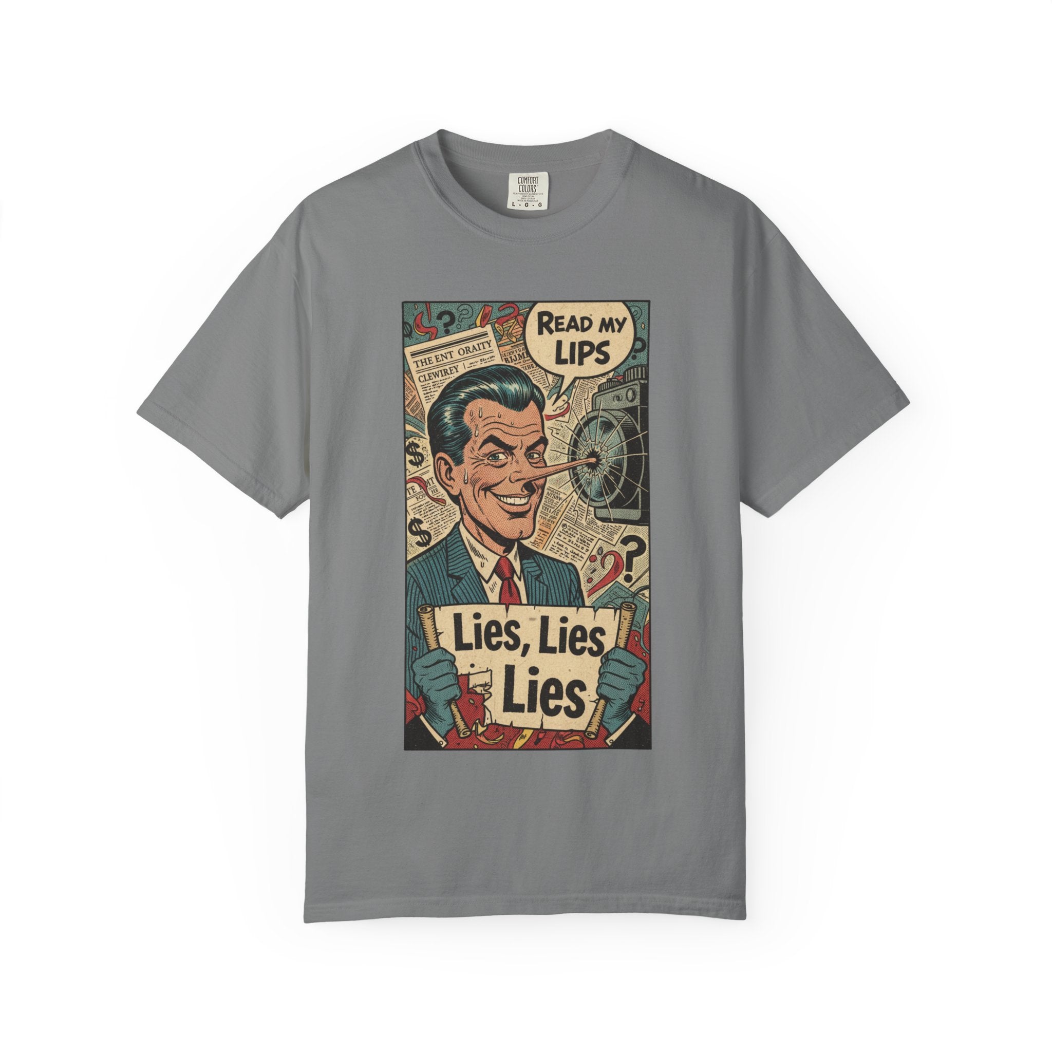 Lies Lies Lies T-Shirt - Read My Lips Satire Tee - Funny Pinocchio Political Shirt - Vintage Comic Graphic - Sarcastic Truth Tee Grey