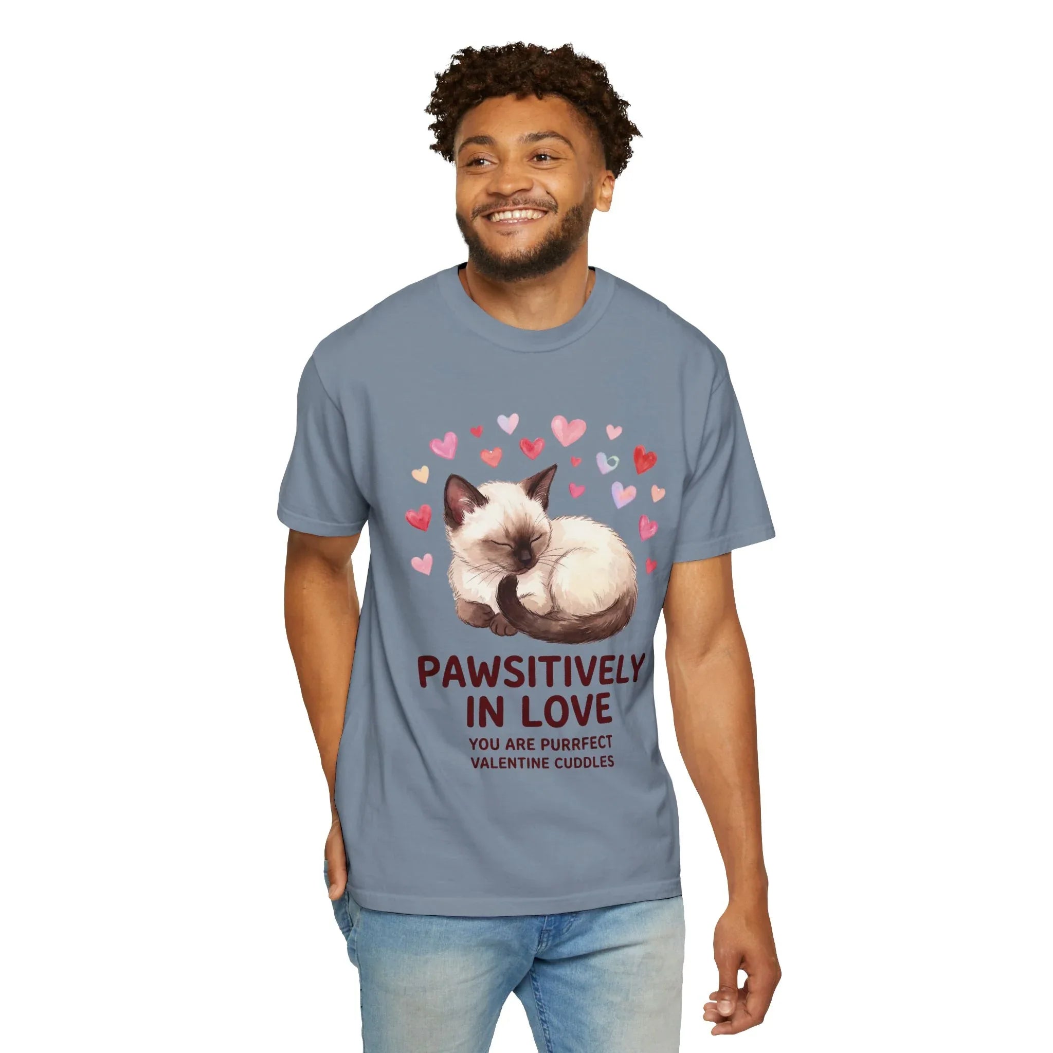 Pawsitively in Love Cat Valentines T Shirt Cute Siamese Kitten Hearts Cozy Soft Cotton Vintage Aesthetic Gift for Cat Lovers Blue Jean