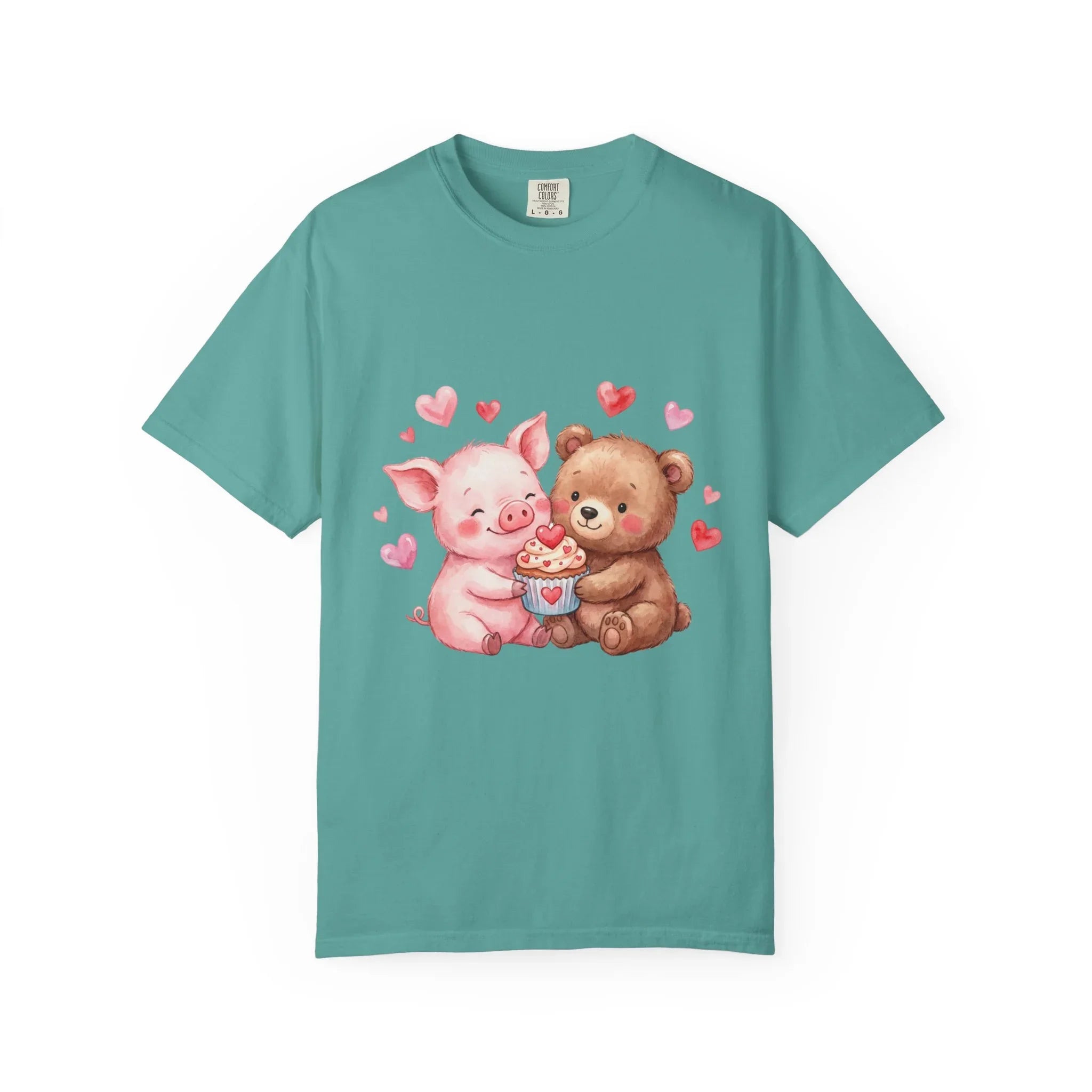 Cute Pig Bear Heart Cup Valentine T Shirt Watercolor Cozy Vintage Aesthetic Gift Animal Lovers Soft Cotton Romantic Tee Seafoam
