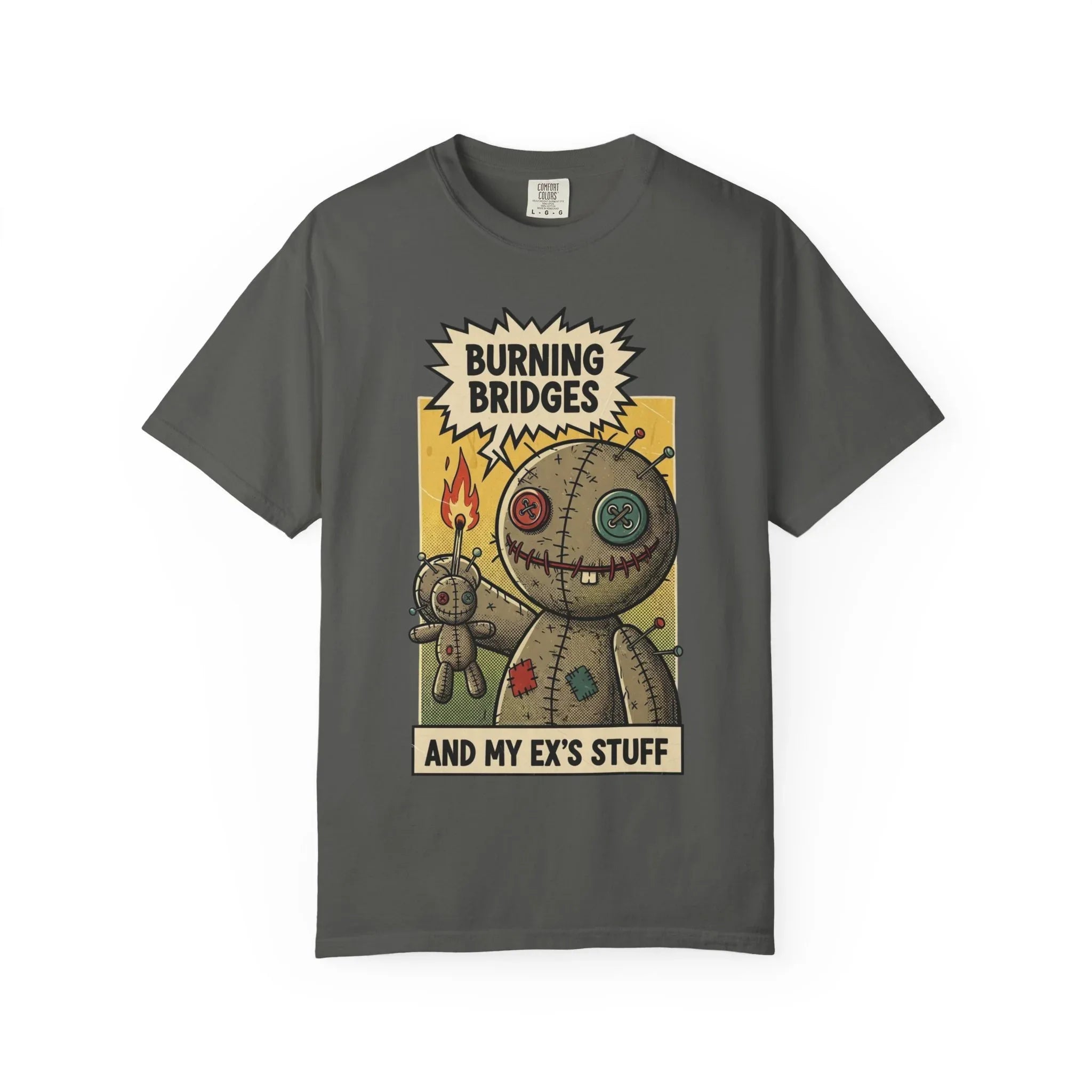 Burning Bridges Funny Breakup Shirt - Vintage Voodoo Doll Graphic Tee - Sarcastic Ex-Relationship T-Shirt - Retro Comic Dark Humor Gift - Mid-Century Aesthetic Streetwear Pepper