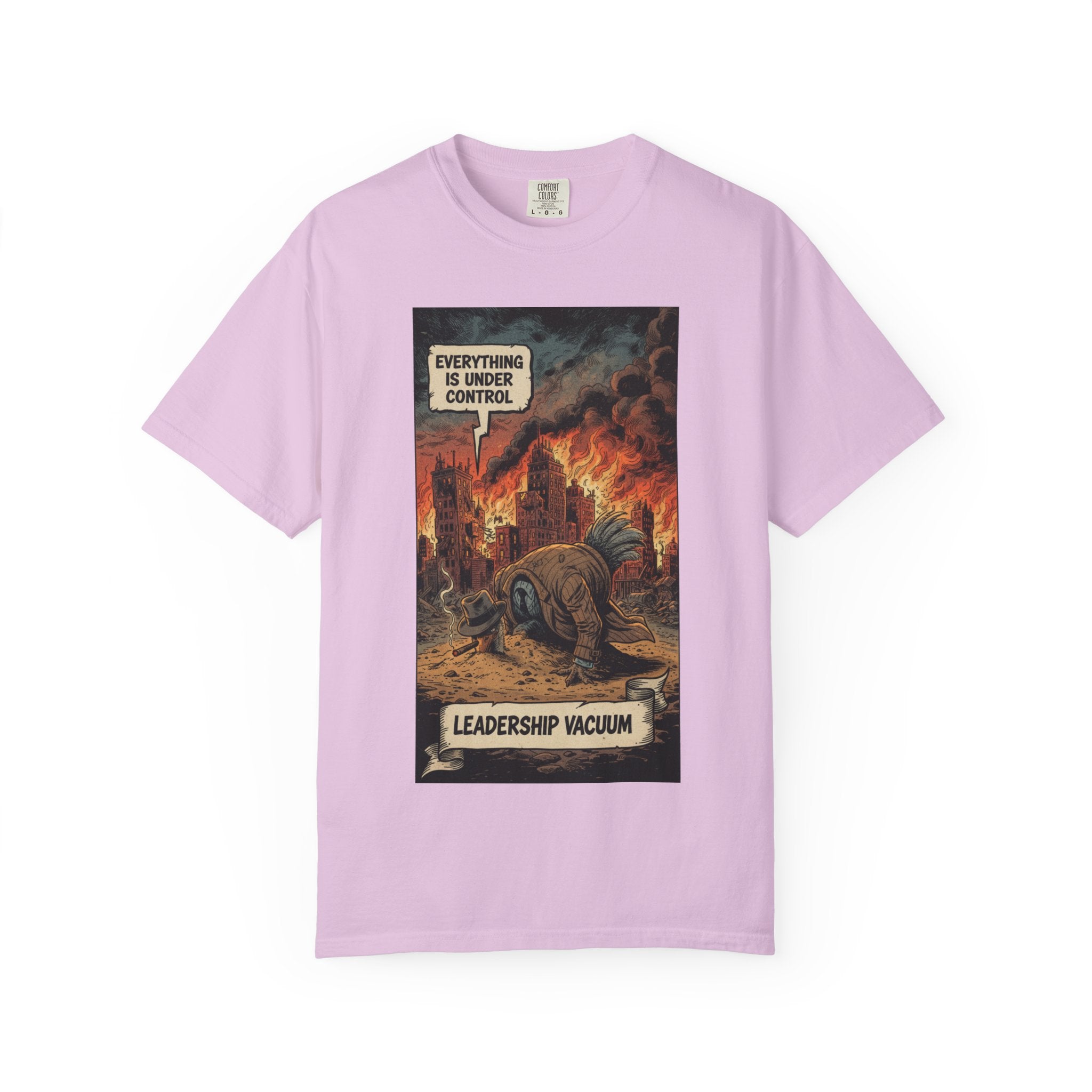 Leadership Vacuum T-Shirt - Funny Corporate Satire Tee - Head in Sand Ostrich Shirt - Sarcastic Management Humor Gift - Vintage Comic Style Orchid