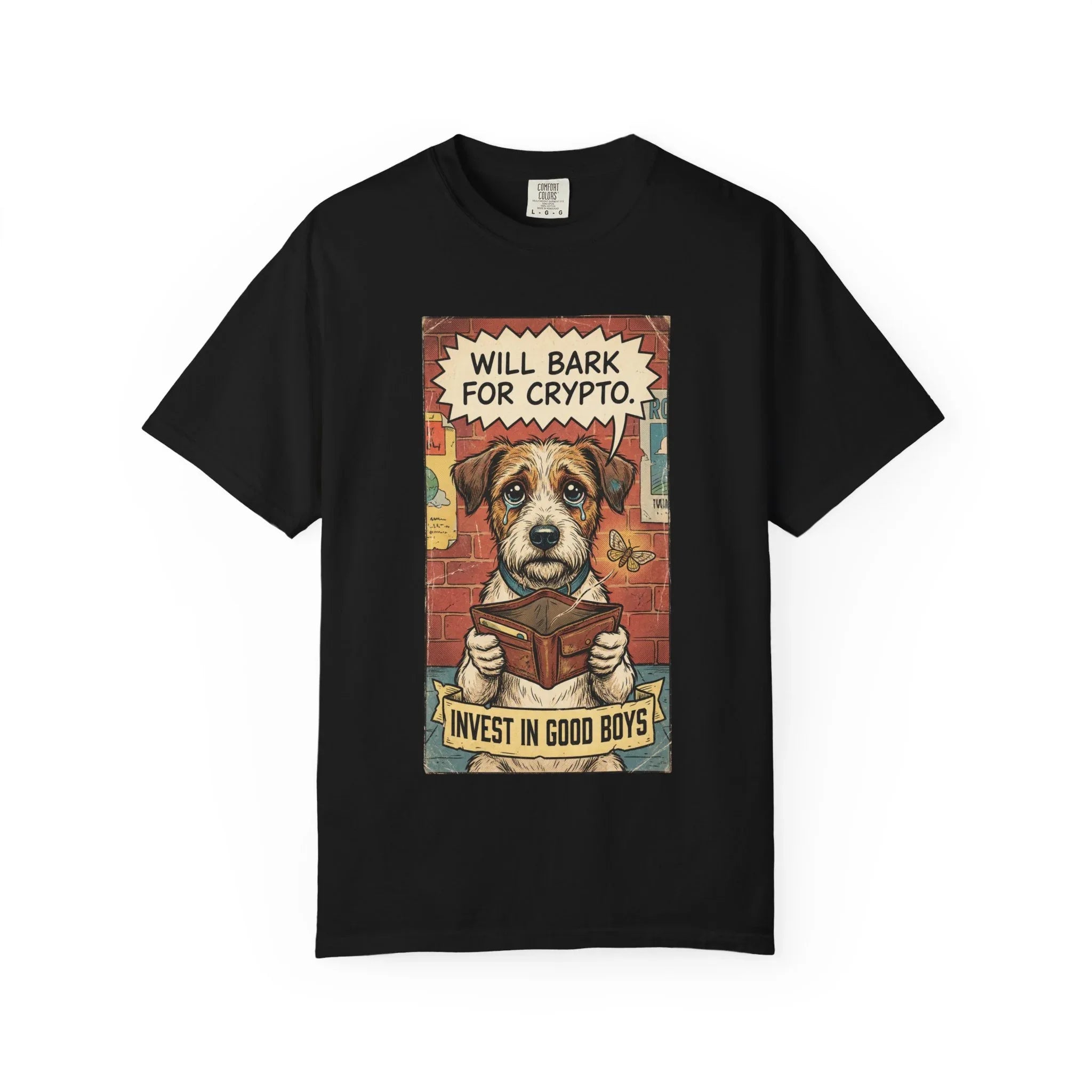 Funny Crypto Dog Shirt - Vintage Dogecoin Bitcoin Investor Gift - "Will Bark for Crypto" Graphic Tee - Retro Satirical Meme Clothing - HODL & Buy the Dip T-Shirt Black