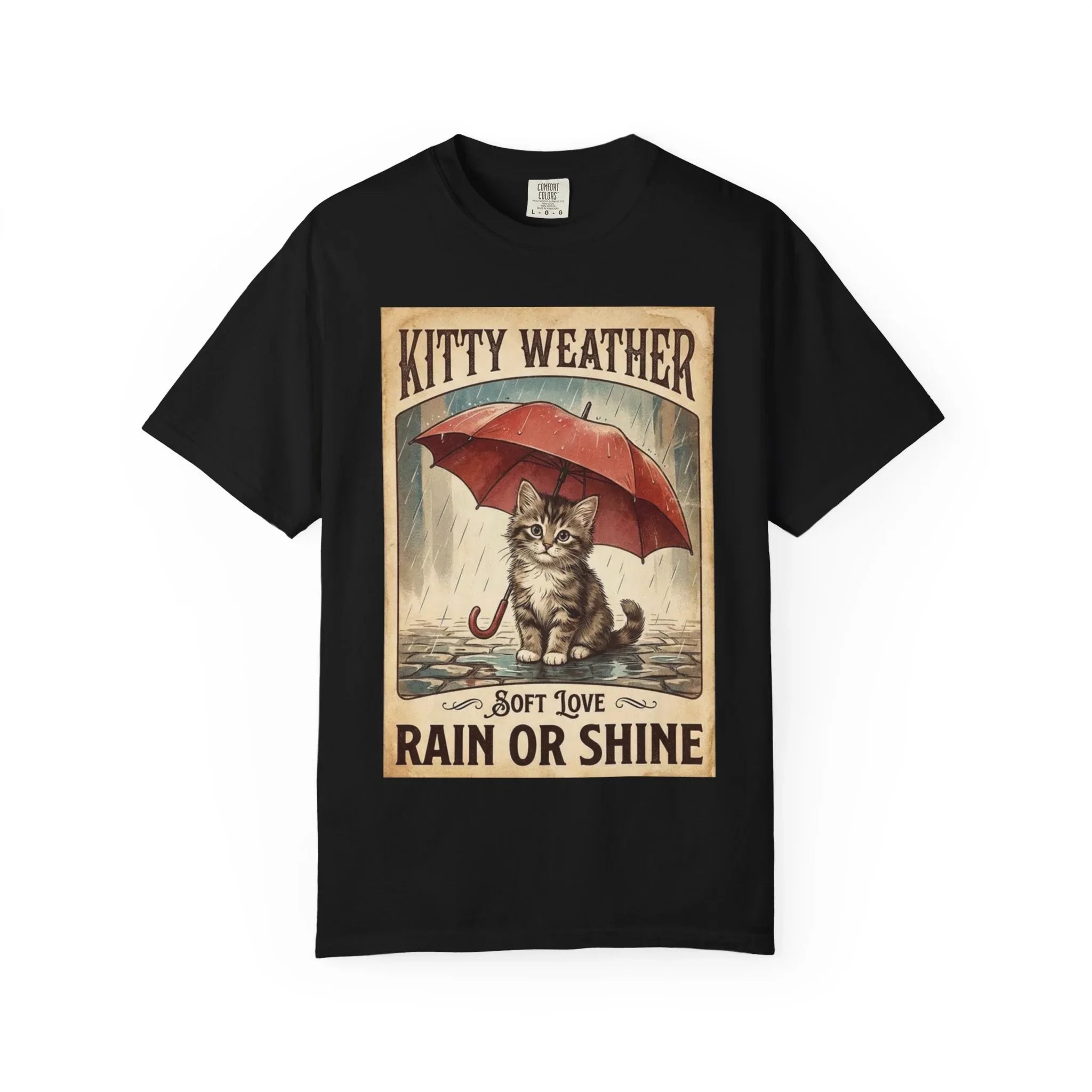 Kitty Weather Rain or Shine Shirt, Umbrella Cat Vintage Poster T-Shirt, Cozy Rainy Day Kitten Tee, Retro Cat Lover Gift Black