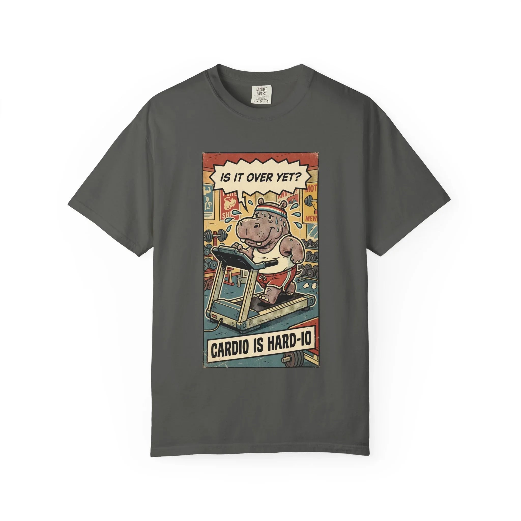 Funny Hippo Cardio Shirt - "Cardio is Hard-io" Retro Gym Tee - Vintage Sarcastic Workout T-Shirt - Humorous Exercise Fitness Gift - Distressed Comic Style Streetwear Pepper