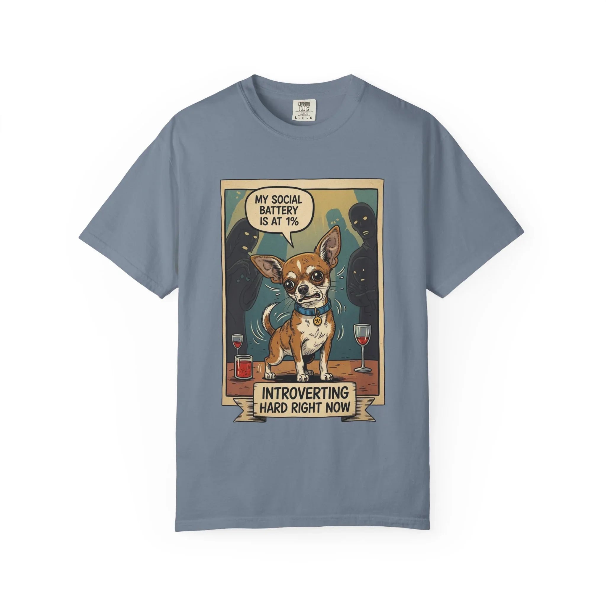 Funny Chihuahua Shirt - "Social Battery 1 Percent" Introvert Tee - Sarcastic Dog Mom Gift - Retro Graphic T-Shirt - Humorous Dog Lover "Introverting Hard" Top Blue Jean