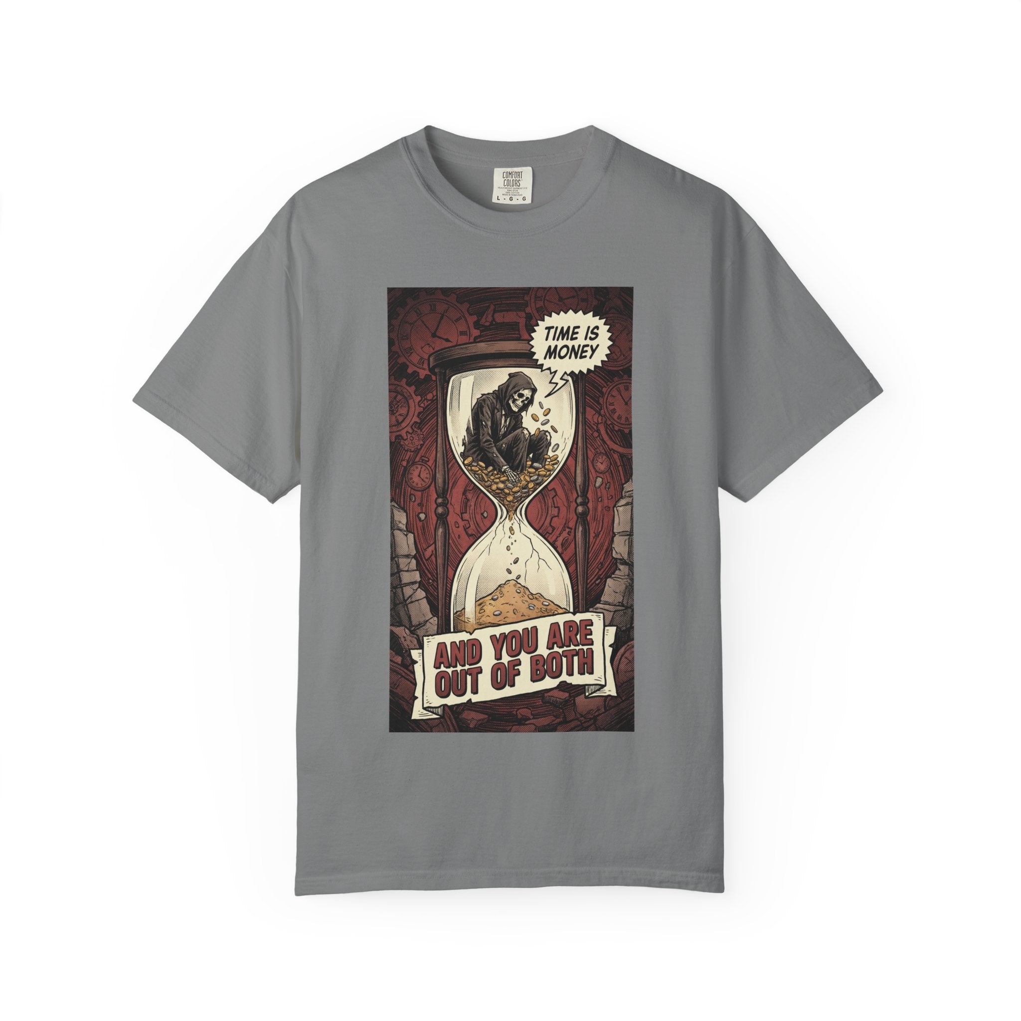 Time Is Money Shirt, Out of Both Grim Reaper Tee, Sarcastic Financial Satire Shirt, Vintage Grunge Hourglass Apparel, Dark Humor Philosophy Gift Grey