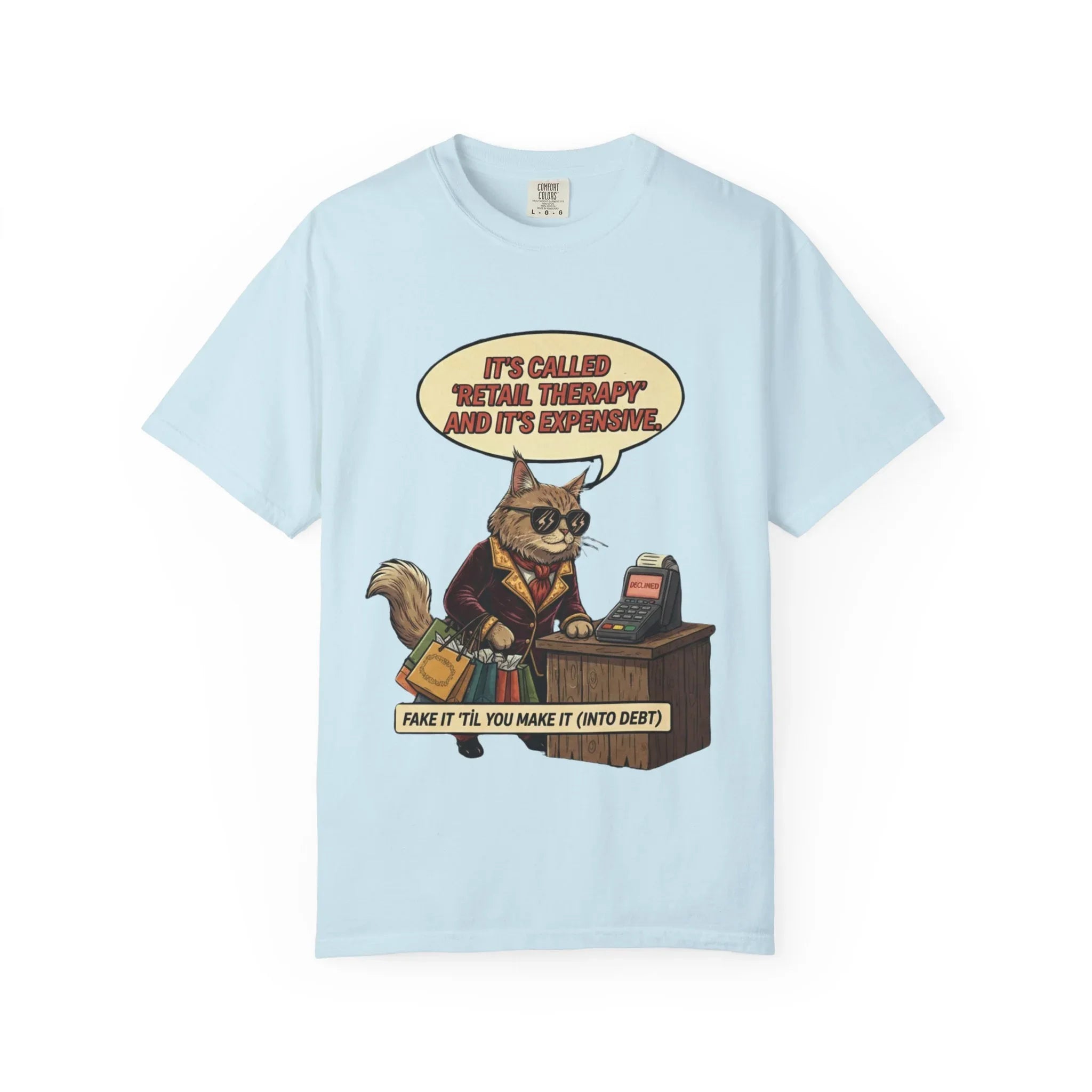 Funny Retail Therapy Cat Shirt - Sarcastic Shopping Meme Sweatshirt - "Declined" Screen Graphic Tee - Relatable Adulting Gift - Cute Cat Lover Sarcastic Apparel Chambray