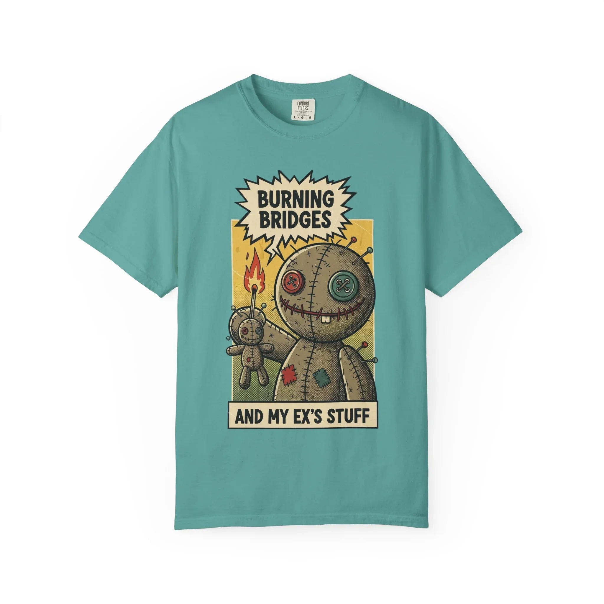Burning Bridges Funny Breakup Shirt - Vintage Voodoo Doll Graphic Tee - Sarcastic Ex-Relationship T-Shirt - Retro Comic Dark Humor Gift - Mid-Century Aesthetic Streetwear Seafoam