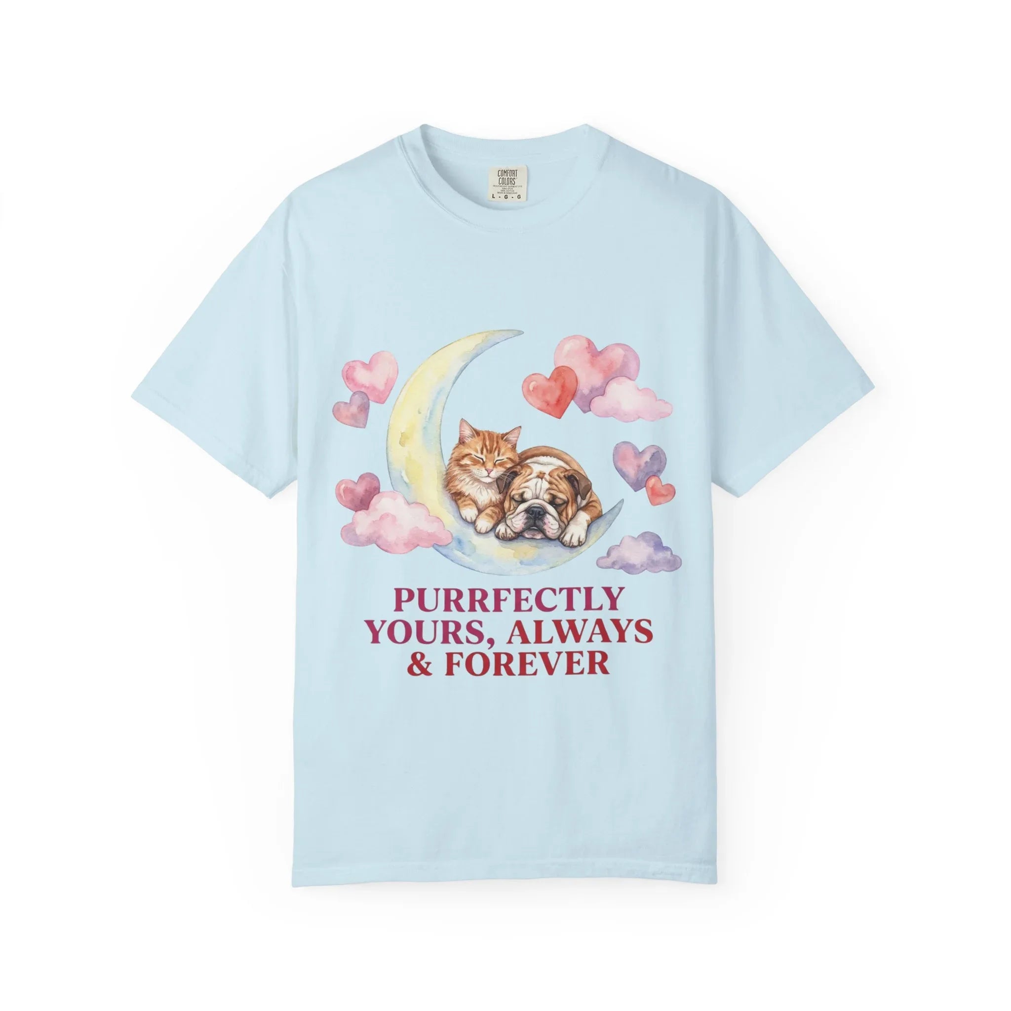 Purrfectly Yours Cat Dog Moon T Shirt Cute Pet Friends Hearts Watercolor Cozy Vintage Aesthetic Gift Pet Lovers Soft Cotton Romantic Tee Chambray