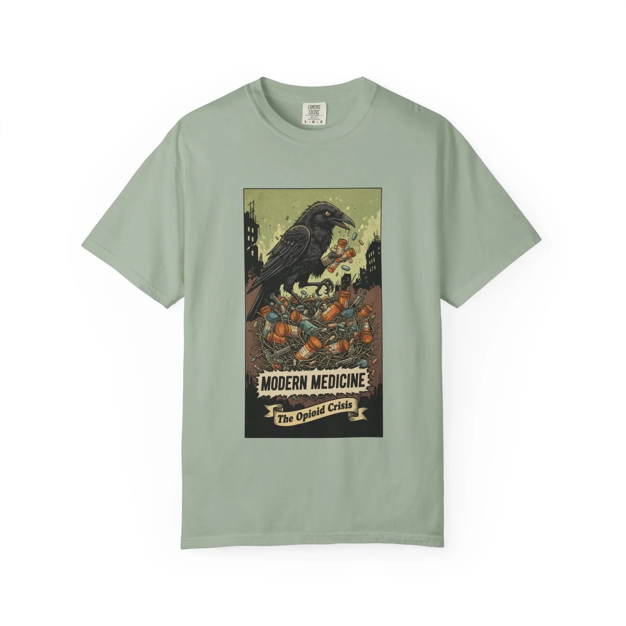 Modern Medicine Raven Shirt - Opioid Crisis Satire Tee - Dark Gothic Graphic T-Shirt - Vintage Social Commentary Art - Raven Nest Medicine Bottle Dark Humor Streetwear Bay