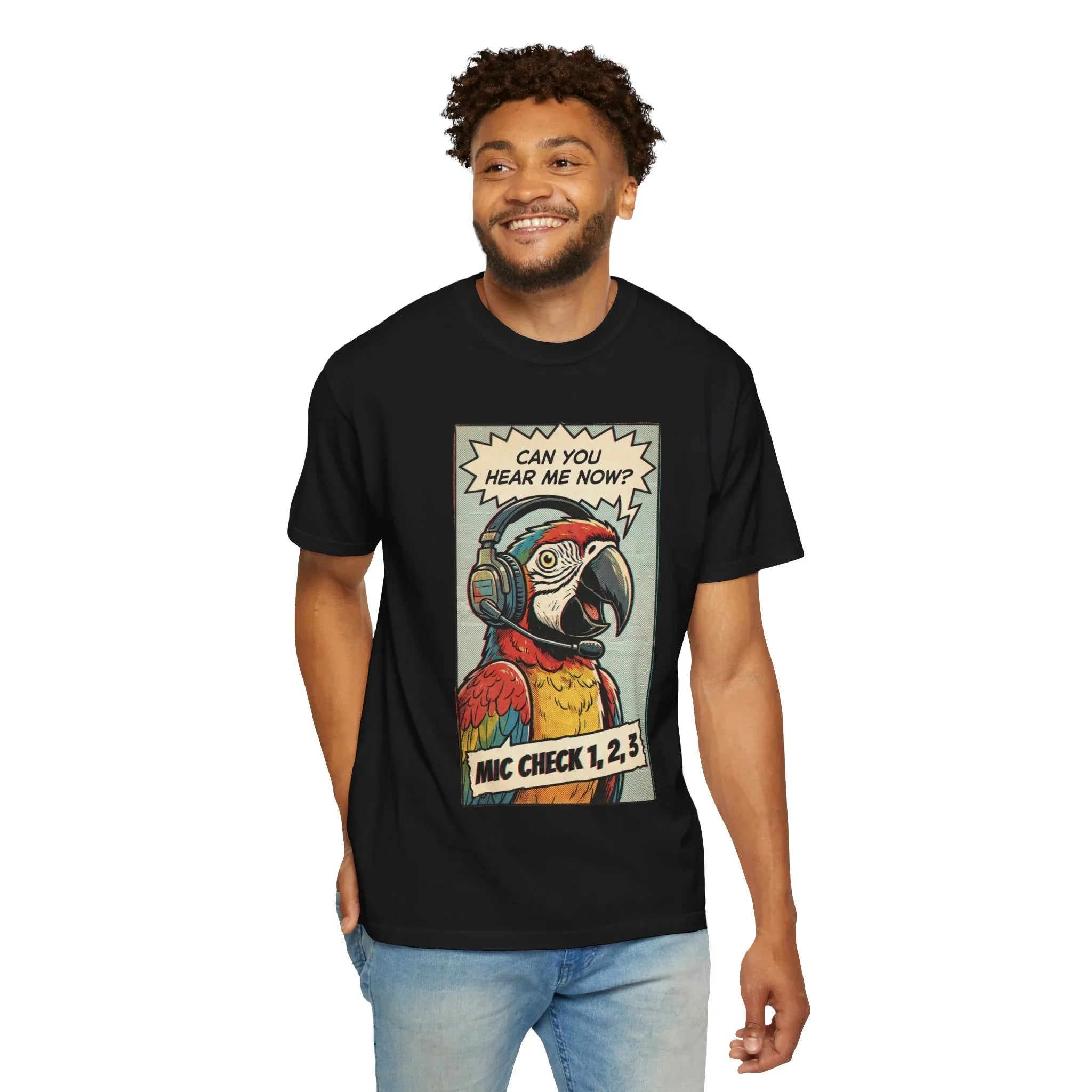 Funny Parrot Gamer Shirt - Vintage Comic Pop Art T-Shirt - Retro Macaw Bird "Mic Check" Graphic Tee - Sarcastic Podcast & Streamer Gift - Aesthetic Bird Lover Streetwear