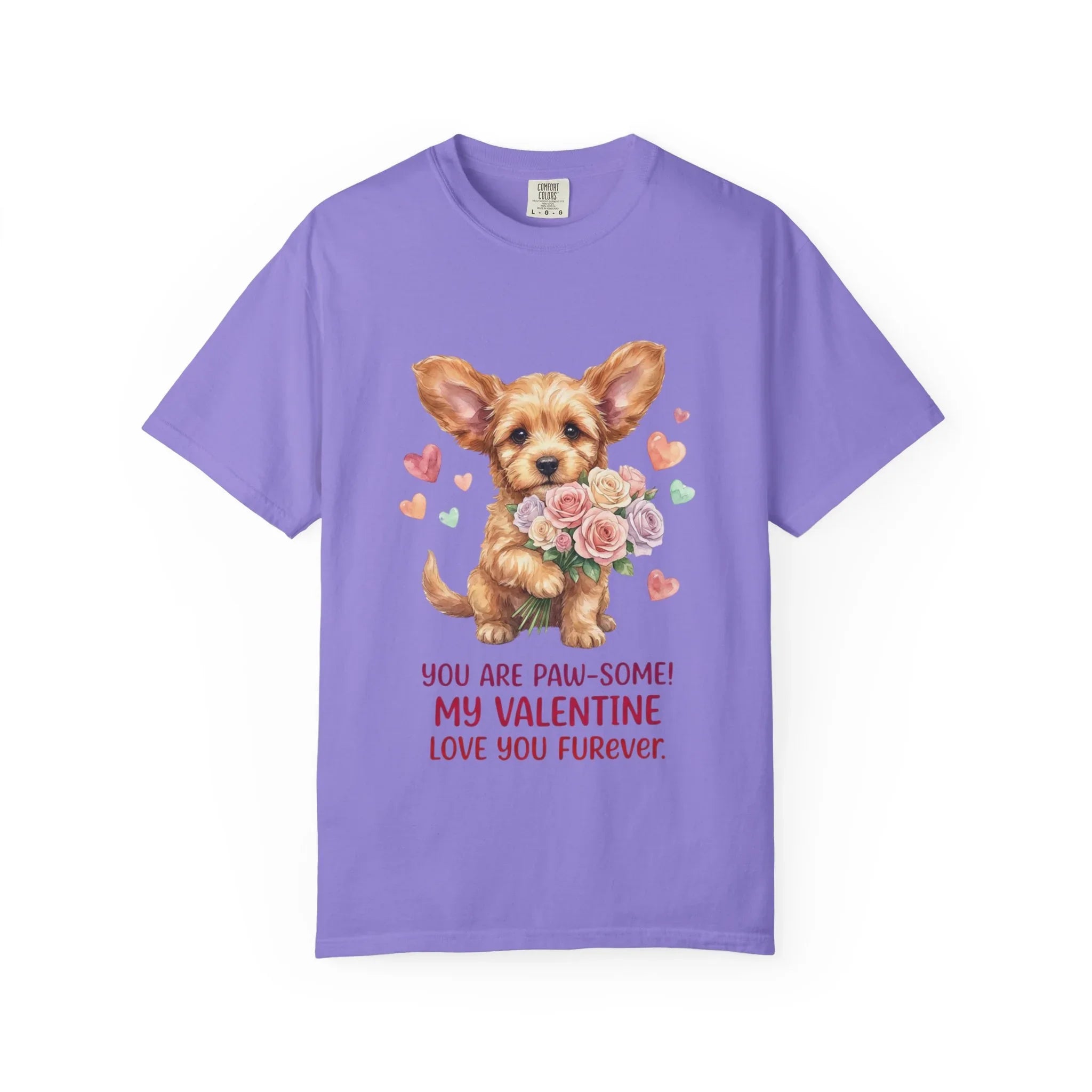 Cute Puppy Holding Roses Valentine T Shirt Paw-some Love You Furever Watercolor Cozy Vintage Aesthetic Gift Dog Lovers Soft Cotton Romantic Violet