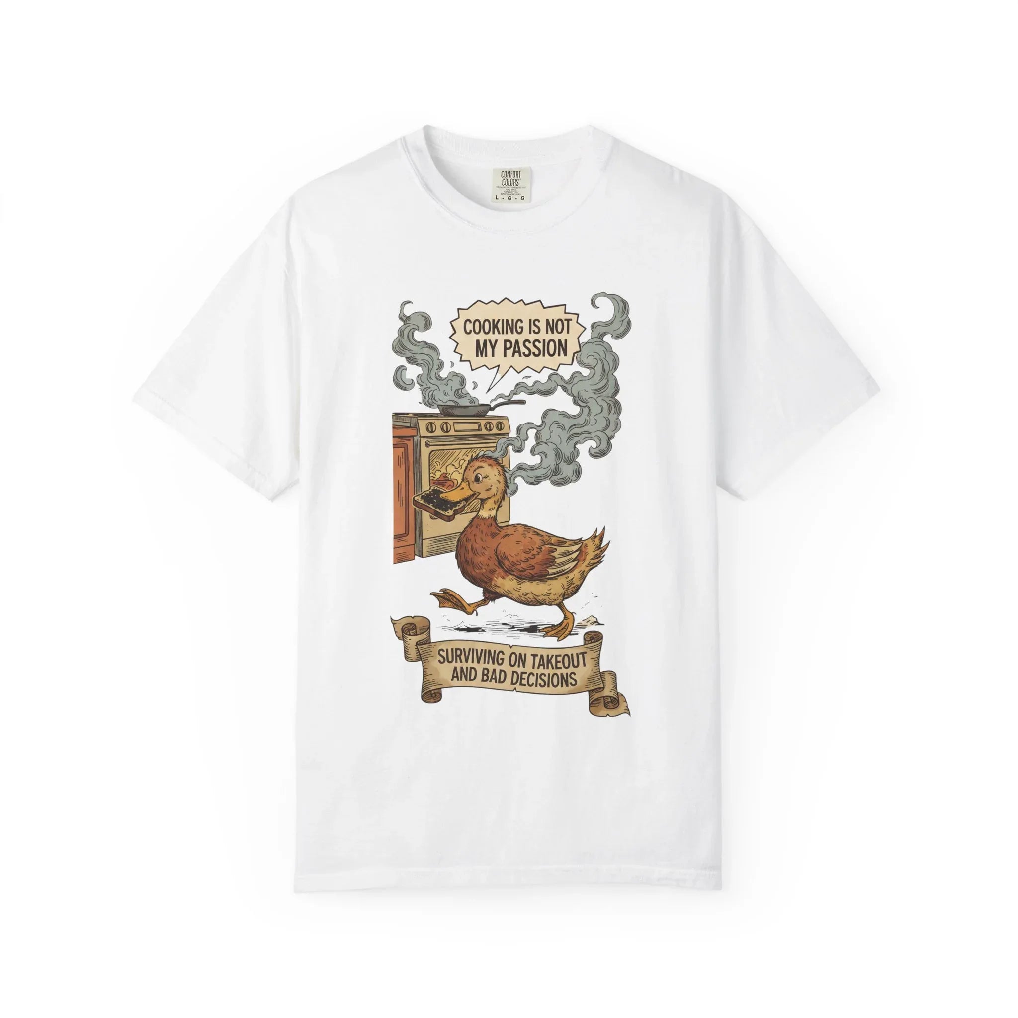 Funny Cooking Duck Shirt - "Cooking Is Not My Passion" Tee - Bad Cook Kitchen Fail Gift - Retro Duck Meme T-Shirt - Humorous Home Chef Gift for Mom & Dad