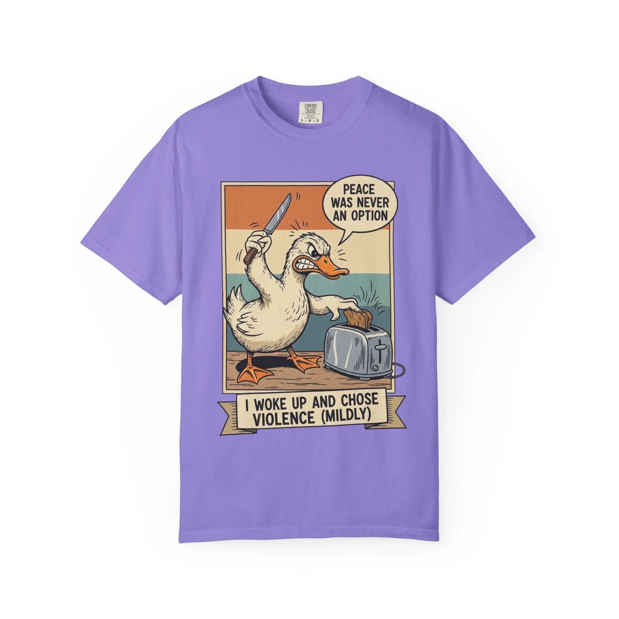Funny Duck Shirt Meme Peace Was Never An Option Retro Vintage Aesthetic Angry Bird Knife Graphic Tee Sarcastic Gift for Friend Violet