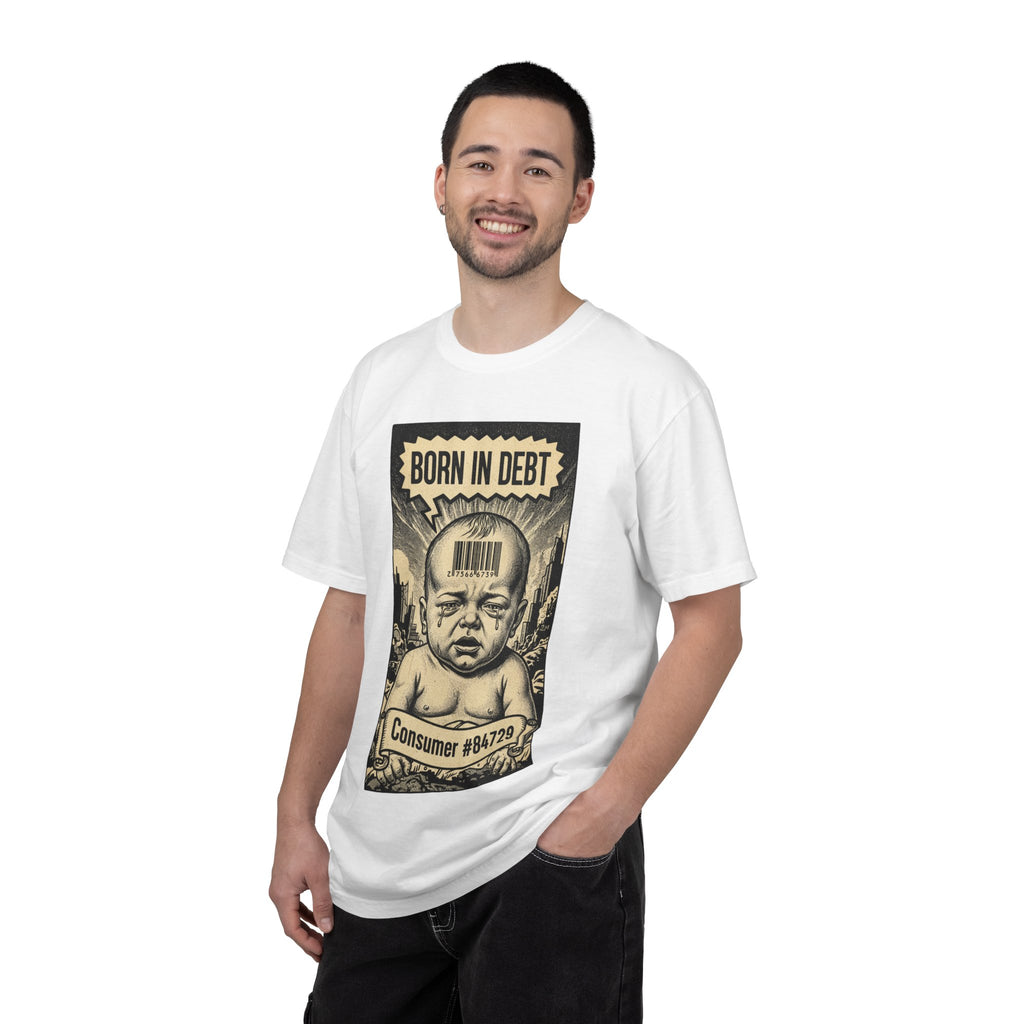Born in Debt Shirt - Consumer Culture Satire T-Shirt - Financial Debt Awareness Tee - Vintage Comic Graphic - Sarcastic Social Commentary Gift