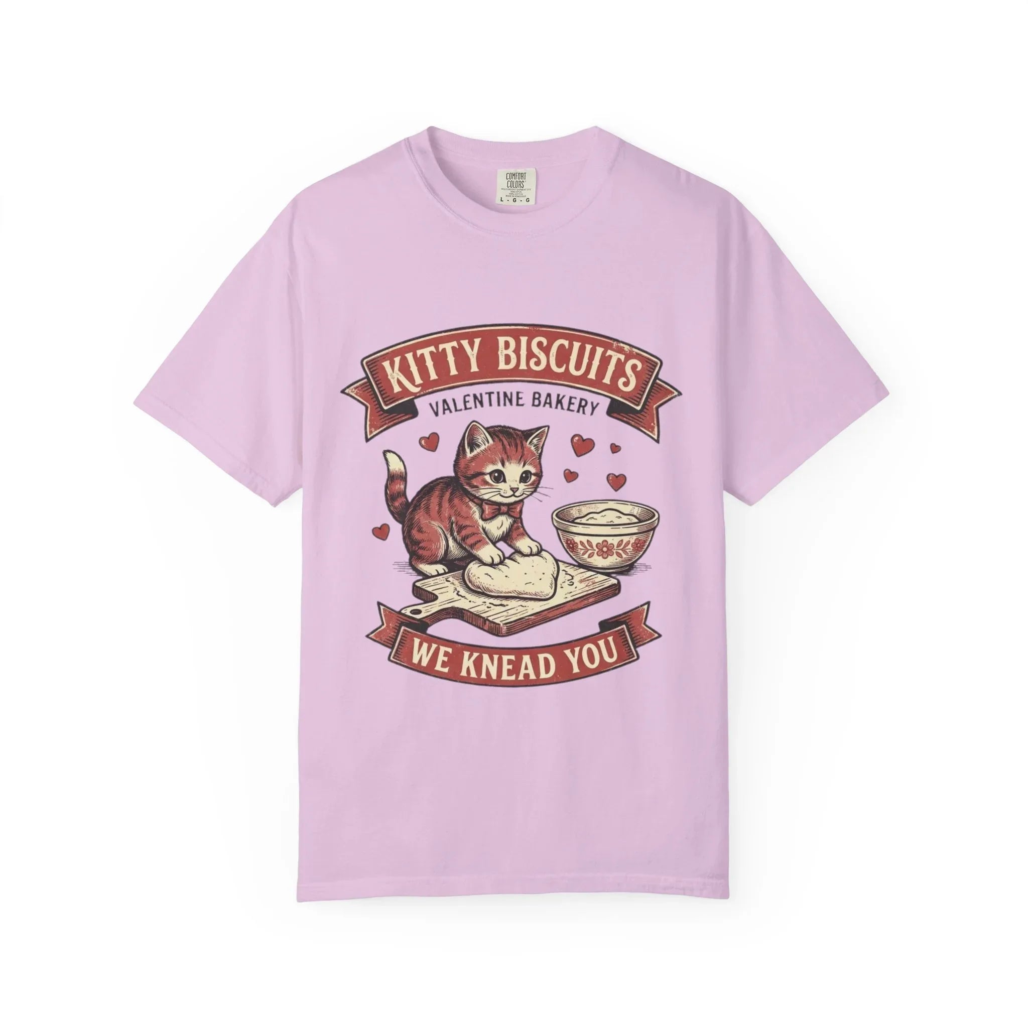 Kitty Biscuits T-Shirt | Valentine Bakery Cat We Knead You Graphic Tee Orchid