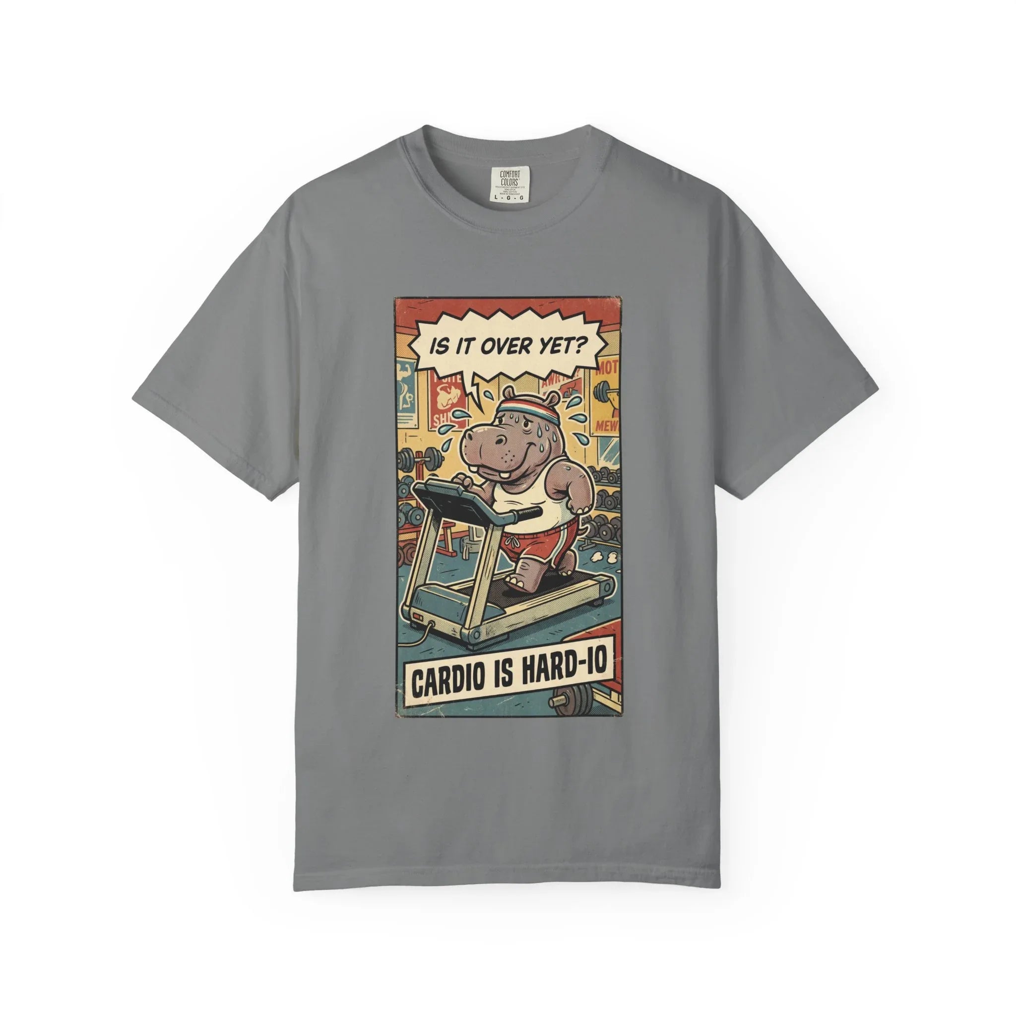 Funny Hippo Cardio Shirt - "Cardio is Hard-io" Retro Gym Tee - Vintage Sarcastic Workout T-Shirt - Humorous Exercise Fitness Gift - Distressed Comic Style Streetwear Grey