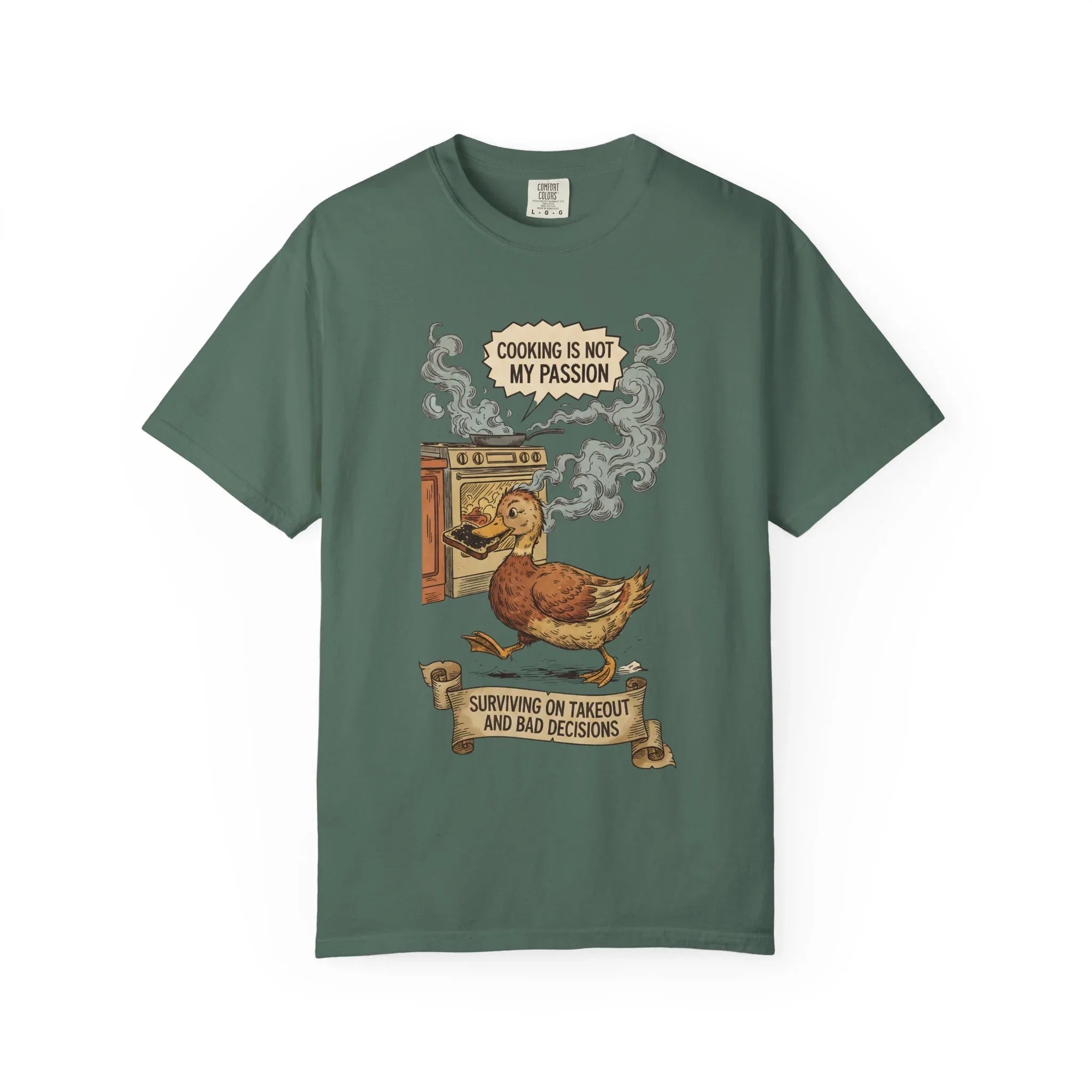 Funny Cooking Duck Shirt - "Cooking Is Not My Passion" Tee - Bad Cook Kitchen Fail Gift - Retro Duck Meme T-Shirt - Humorous Home Chef Gift for Mom & Dad Blue Spruce