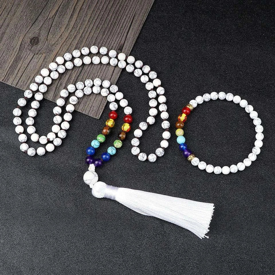 🤍 6mm White Howlite & 7 Chakra Hand-Knotted Mala Set (Necklace + Bracelet): Calming Sleep Aid & Anxiety Relief Yoga Jewelry – Meditation Japamala Rosary