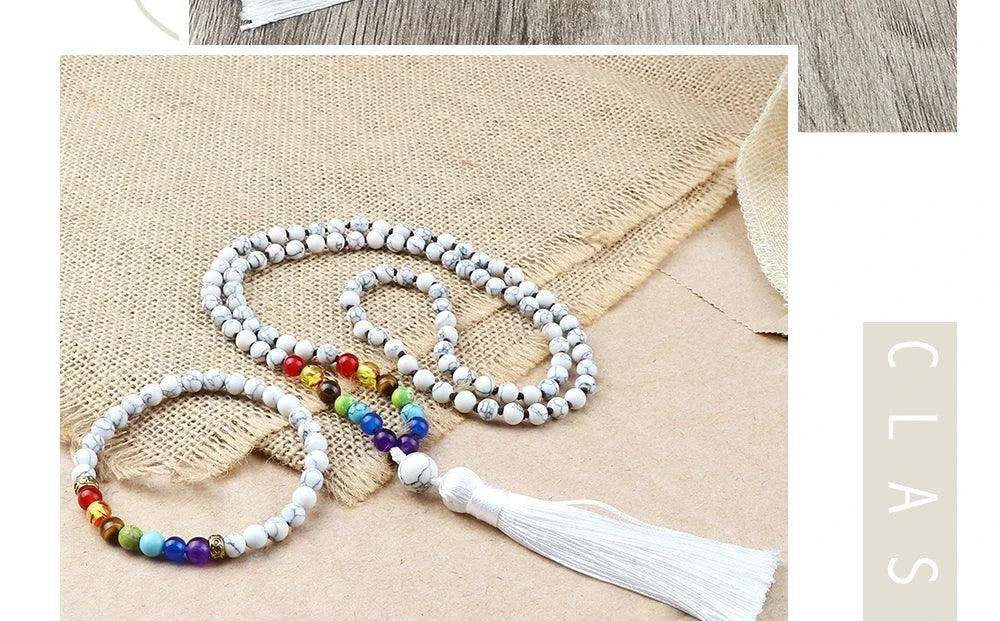 🤍 6mm White Howlite & 7 Chakra Hand-Knotted Mala Set (Necklace + Bracelet): Calming Sleep Aid & Anxiety Relief Yoga Jewelry – Meditation Japamala Rosary