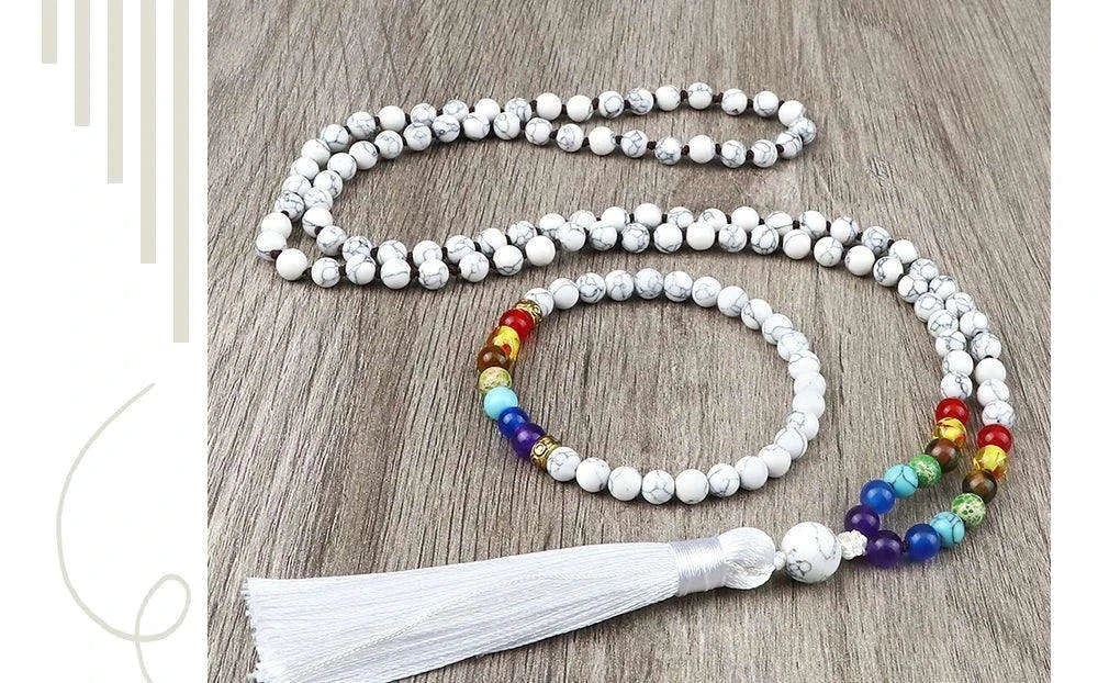 🤍 6mm White Howlite & 7 Chakra Hand-Knotted Mala Set (Necklace + Bracelet): Calming Sleep Aid & Anxiety Relief Yoga Jewelry – Meditation Japamala Rosary