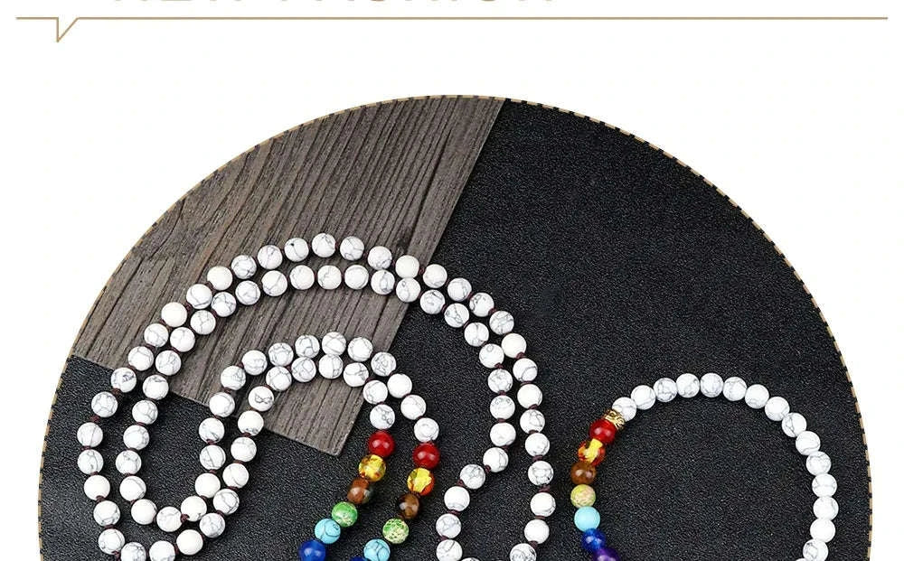 🤍 6mm White Howlite & 7 Chakra Hand-Knotted Mala Set (Necklace + Bracelet): Calming Sleep Aid & Anxiety Relief Yoga Jewelry – Meditation Japamala Rosary