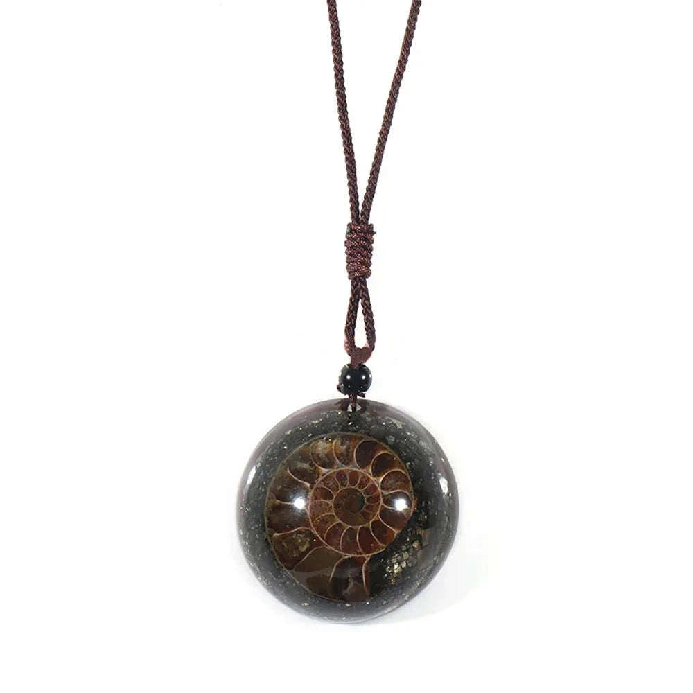 🌀 7 Chakra Spiral Healing Pendant: Resin Ammonite Necklace with Natural Crystal Chips – Adjustable Gemstone Jewelry for Energy Balance & Spiritual Gifts Pyrite Pendant