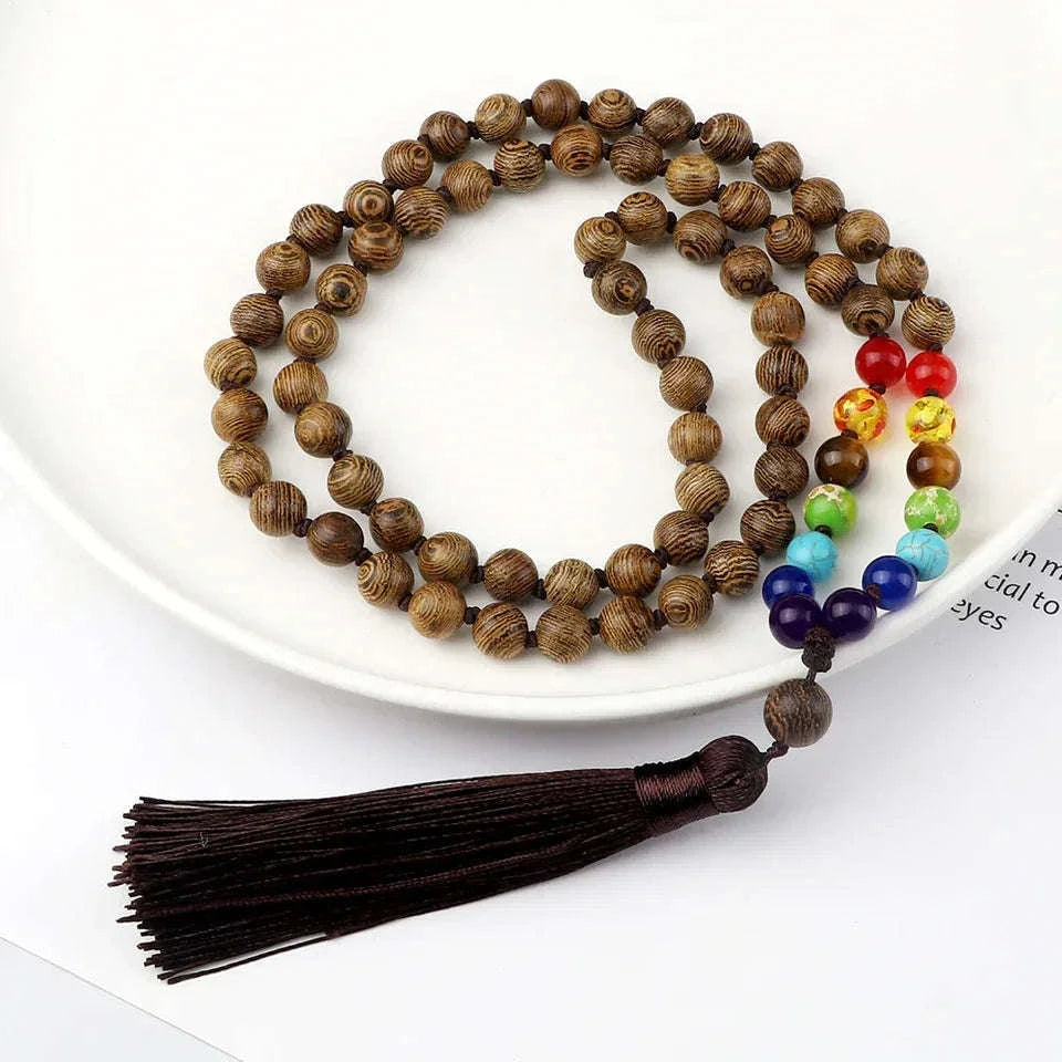 🌳 7 Chakra Wooden Japamala Necklace: Vintage Tree of Life 108 Bead Mala – Meditation, Yoga & Prayer Rosary with Healing Tassel