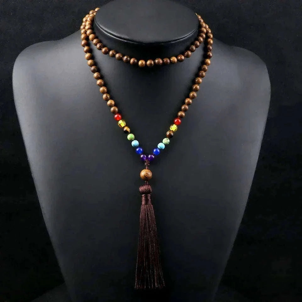 🌳 7 Chakra Wooden Japamala Necklace: Vintage Tree of Life 108 Bead Mala – Meditation, Yoga & Prayer Rosary with Healing Tassel