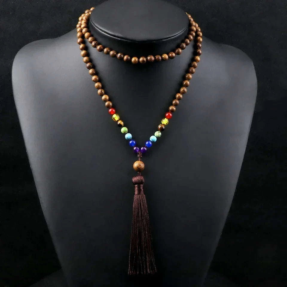 🌳 7 Chakra Wooden Japamala Necklace: Vintage Tree of Life 108 Bead Mala – Meditation, Yoga & Prayer Rosary with Healing Tassel