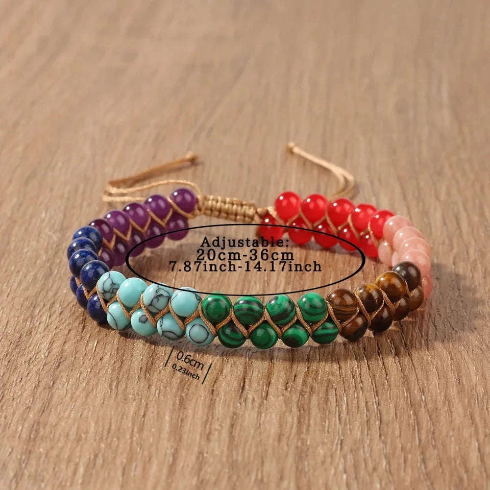✨ 7 Chakras Double-Layer Woven Adjustable Ankle Chain with Natural Tiger’s Eye and Colorful Beads – Boho Chic Foot Ornament for Women