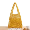 7-Color Crochet Shoulder Bag | Handmade Cotton Tote with Leather Base for Women, 50cm Height Yellow